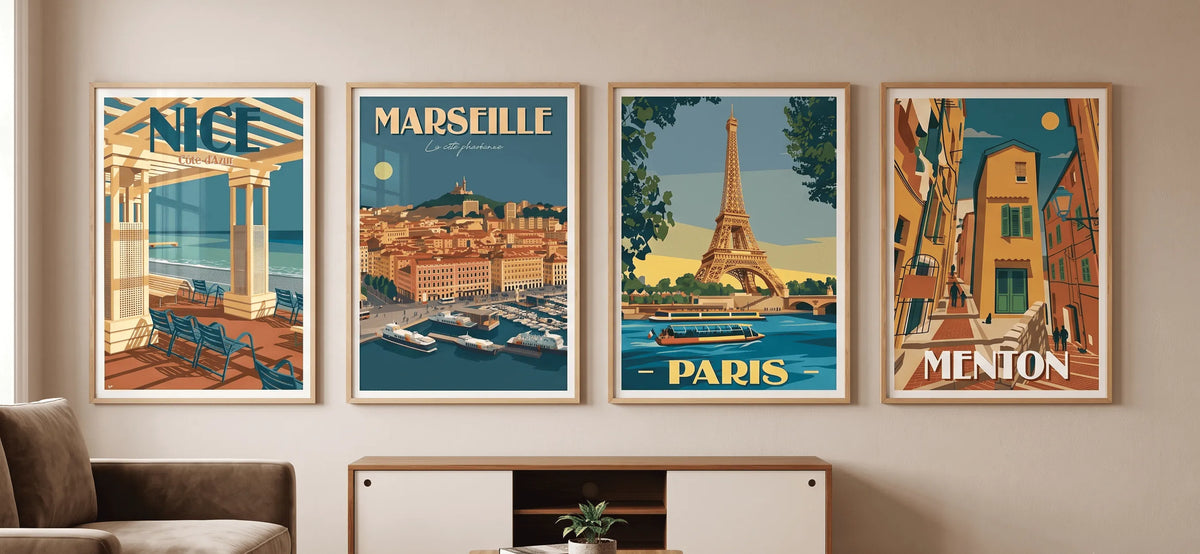 Cadres muraux et affiches illustrées style vintage représentant Nice, Marseille, Paris et Menton pour décoration d'intérieur.