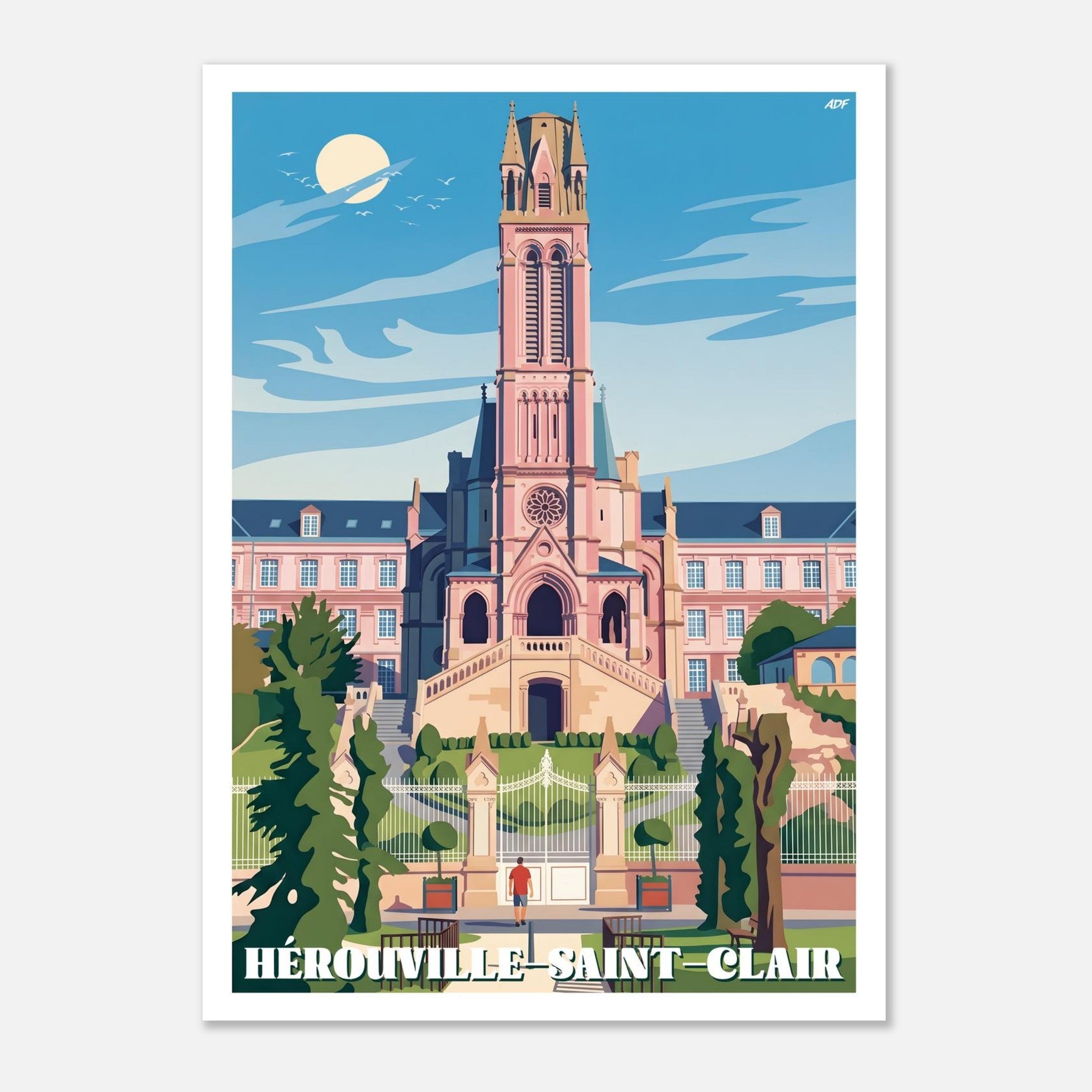 Affiche vintage d'Hérouville-Saint-Clair illustrant la chapelle du Petit Lourdes et ses escaliers monumentaux