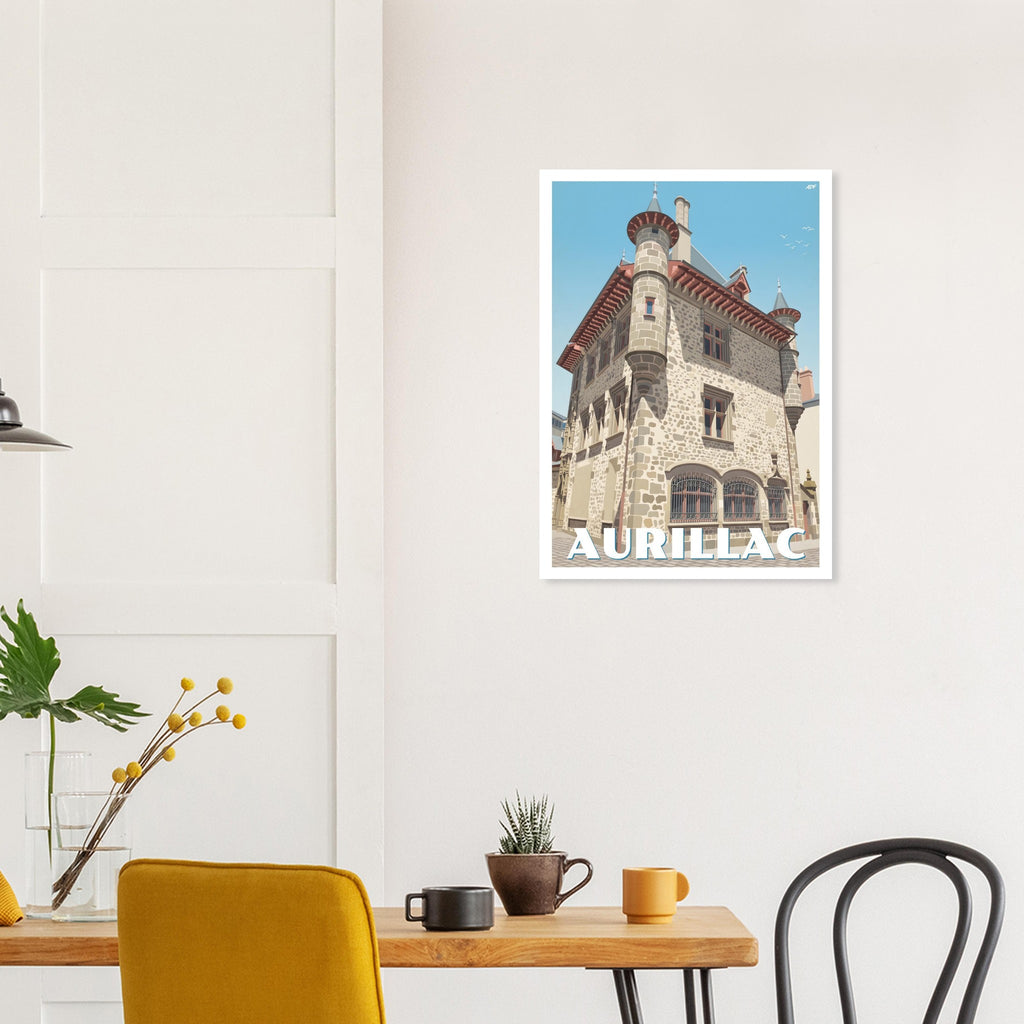 Cadre mural avec le poster d'Aurillac au-dessus d'une table à manger contemporaine
