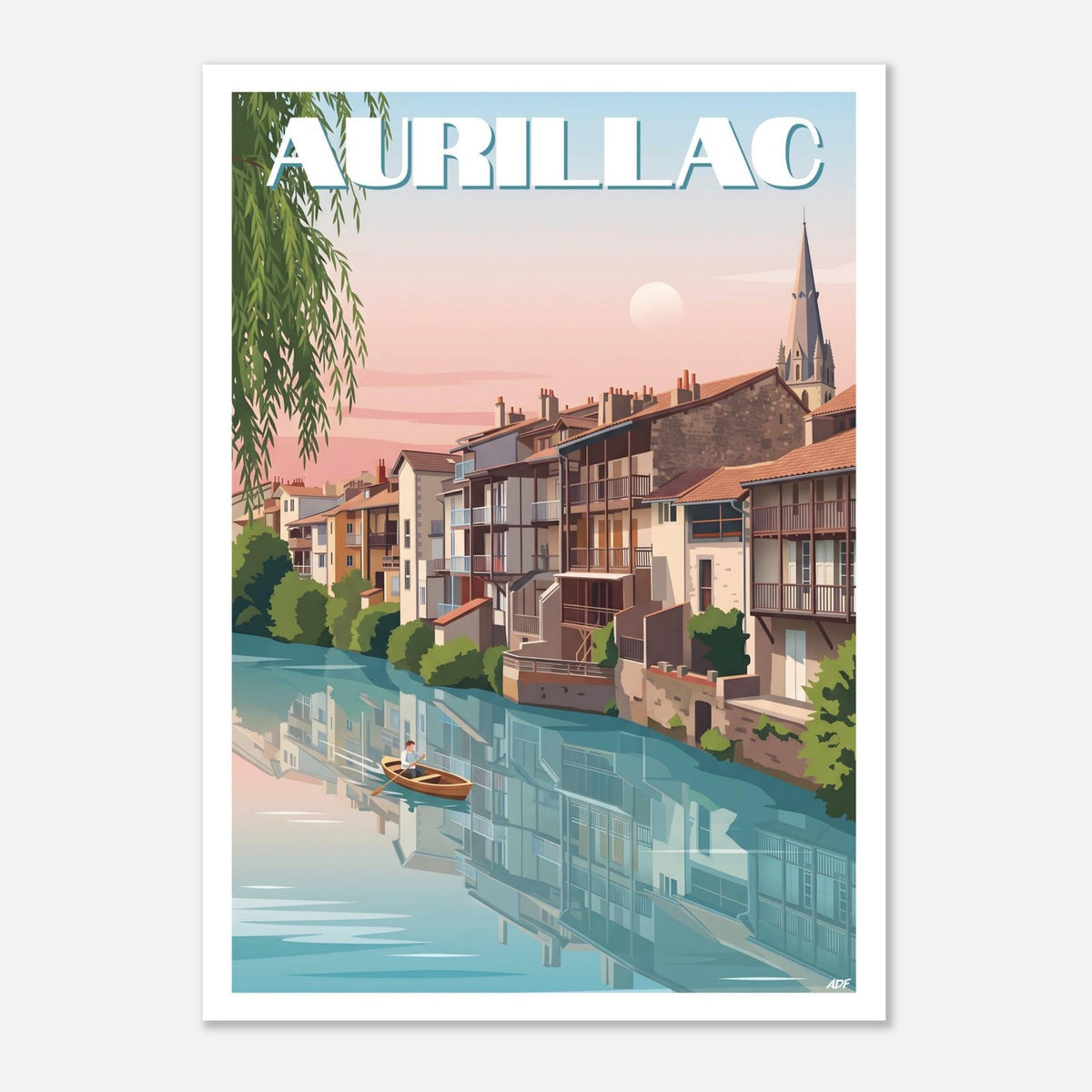 Affiche vintage d'Aurillac illustrant les berges de la Jordanne et le clocher de la vieille ville