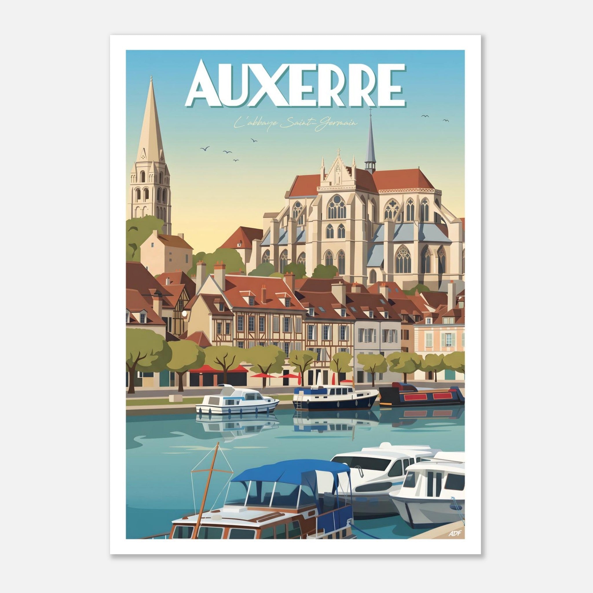 Affiche vintage d'Auxerre représentant l'abbaye Saint-Germain et les bateaux sur l'Yonne