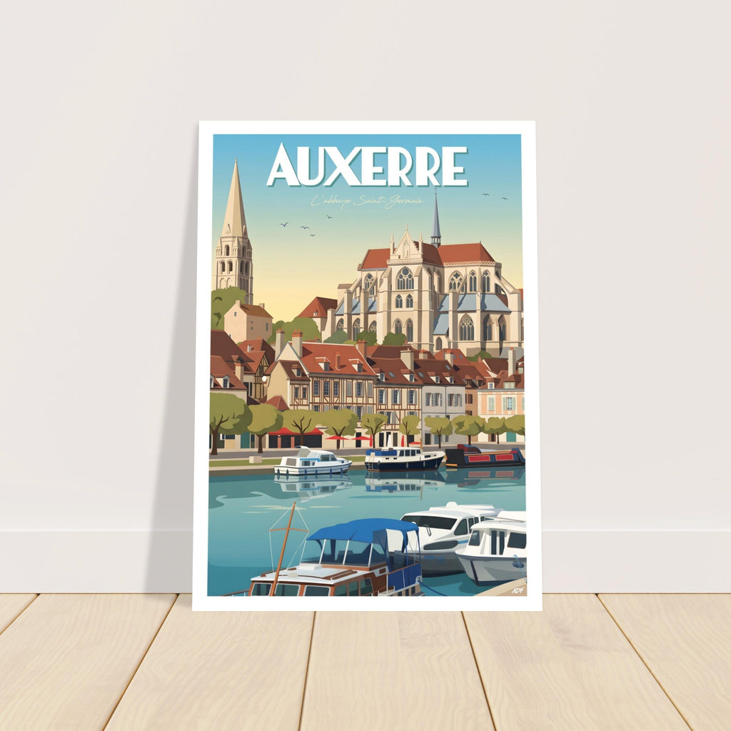 Grand tirage d'art sous cadre du poster d'Auxerre posé au sol sur parquet
