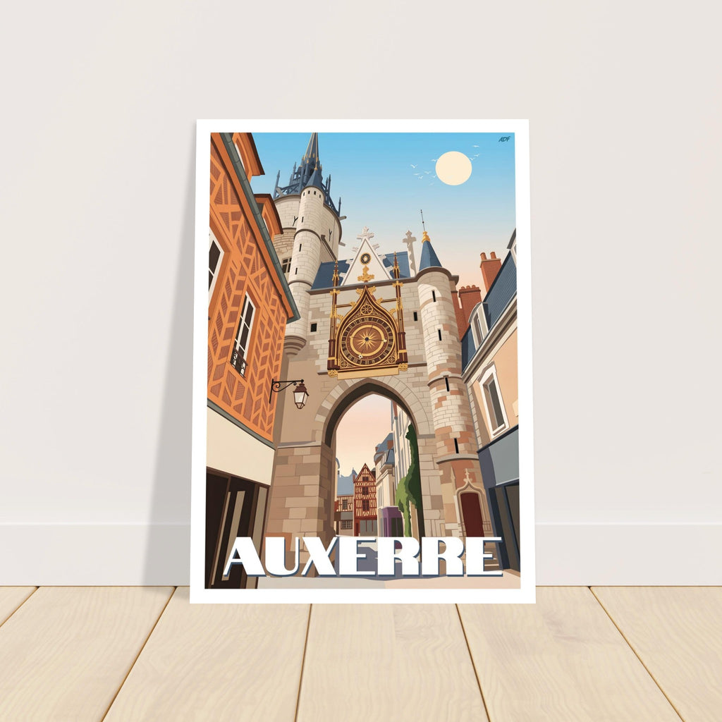 Grand poster encadré de la Tour de l'Horloge d'Auxerre posé au sol sur parquet en bois