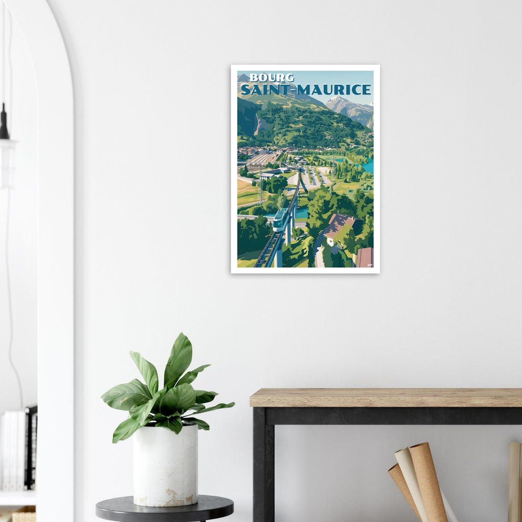 Affiche encadrée de Bourg-Saint-Maurice accrochée dans un intérieur esprit nature