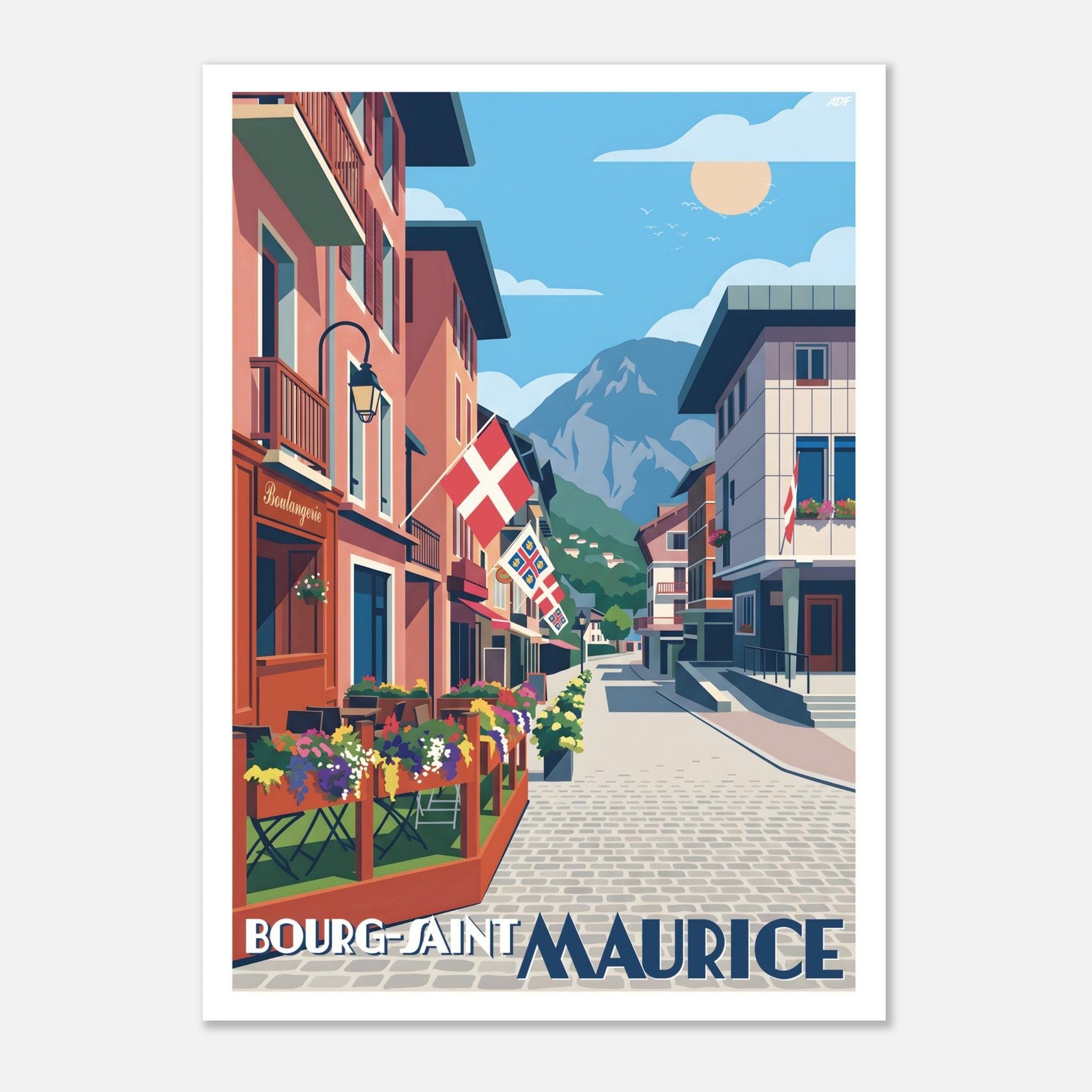 Affiche vintage de Bourg-Saint-Maurice représentant une ruelle pavée alpine fleurie et vue sur la montagne