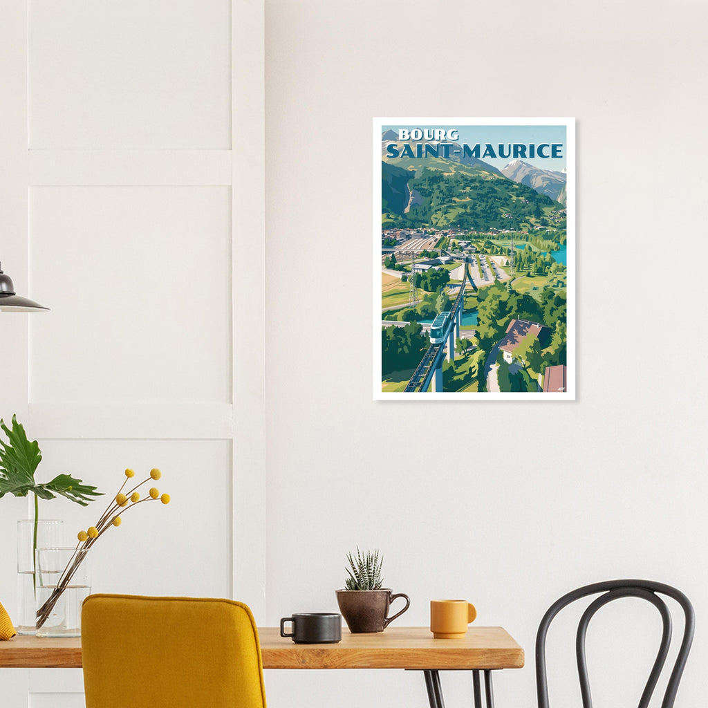 Décoration murale avec le poster de Bourg-Saint-Maurice au-dessus d'une table à manger