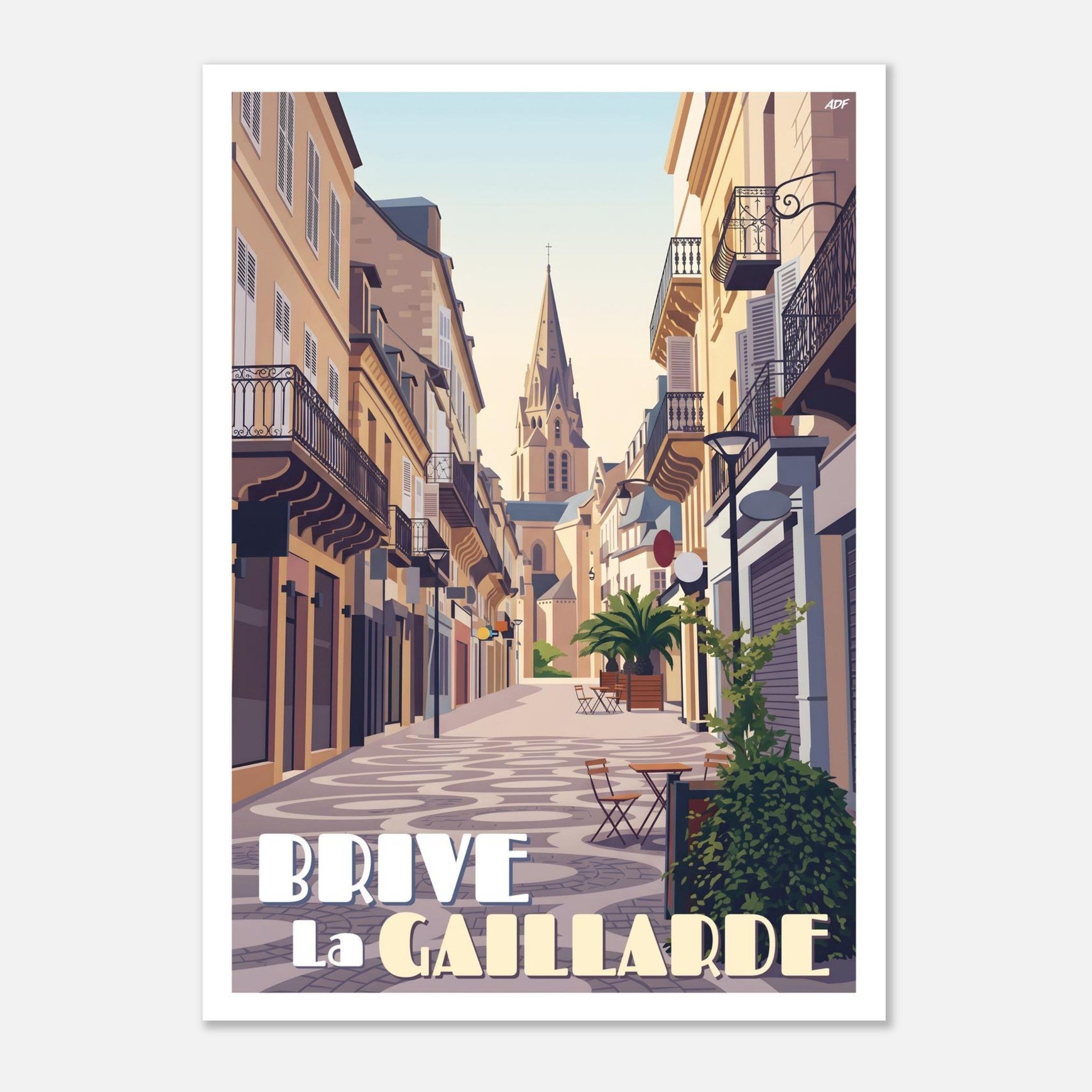Affiche vintage de Brive-la-Gaillarde illustrant une ruelle piétonne pavée et la collégiale Saint-Martin