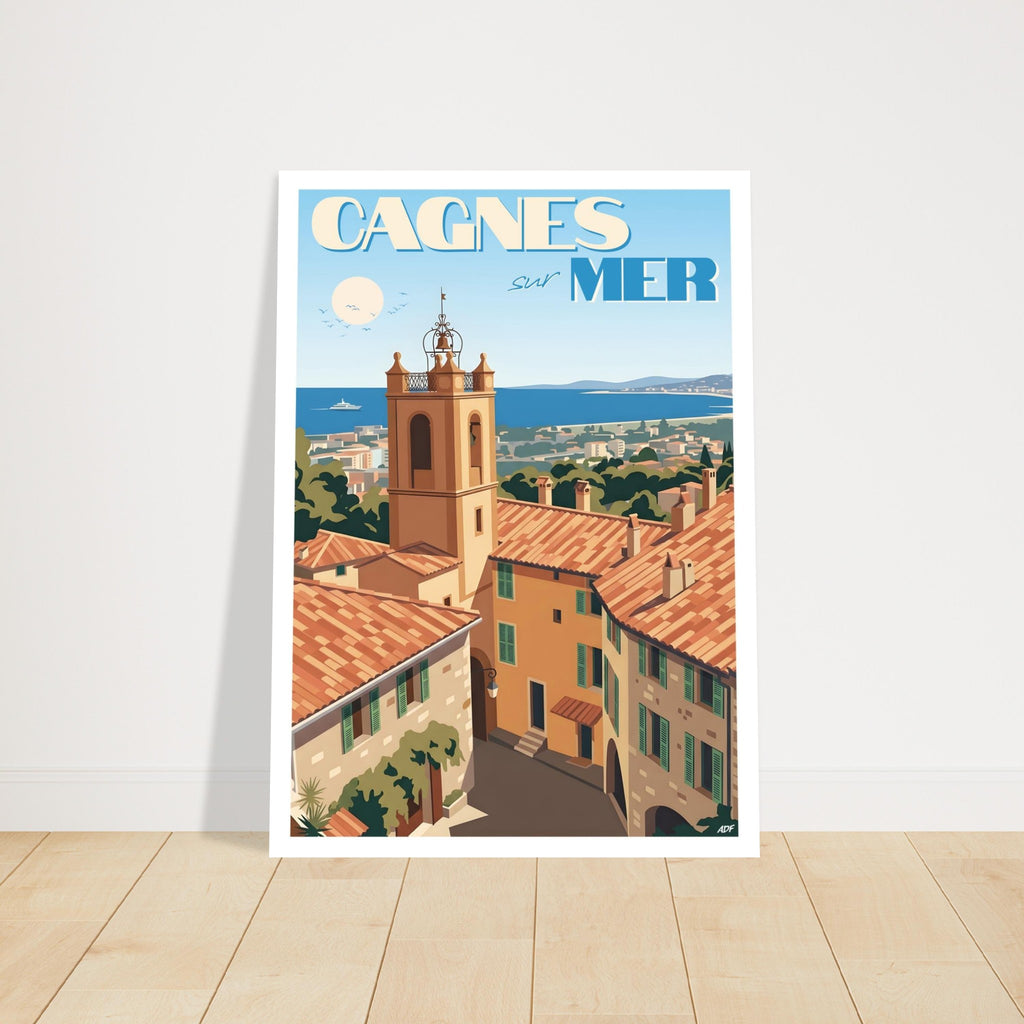 Grand tirage d'art sous cadre du poster de Cagnes-sur-Mer posé sur un parquet en bois