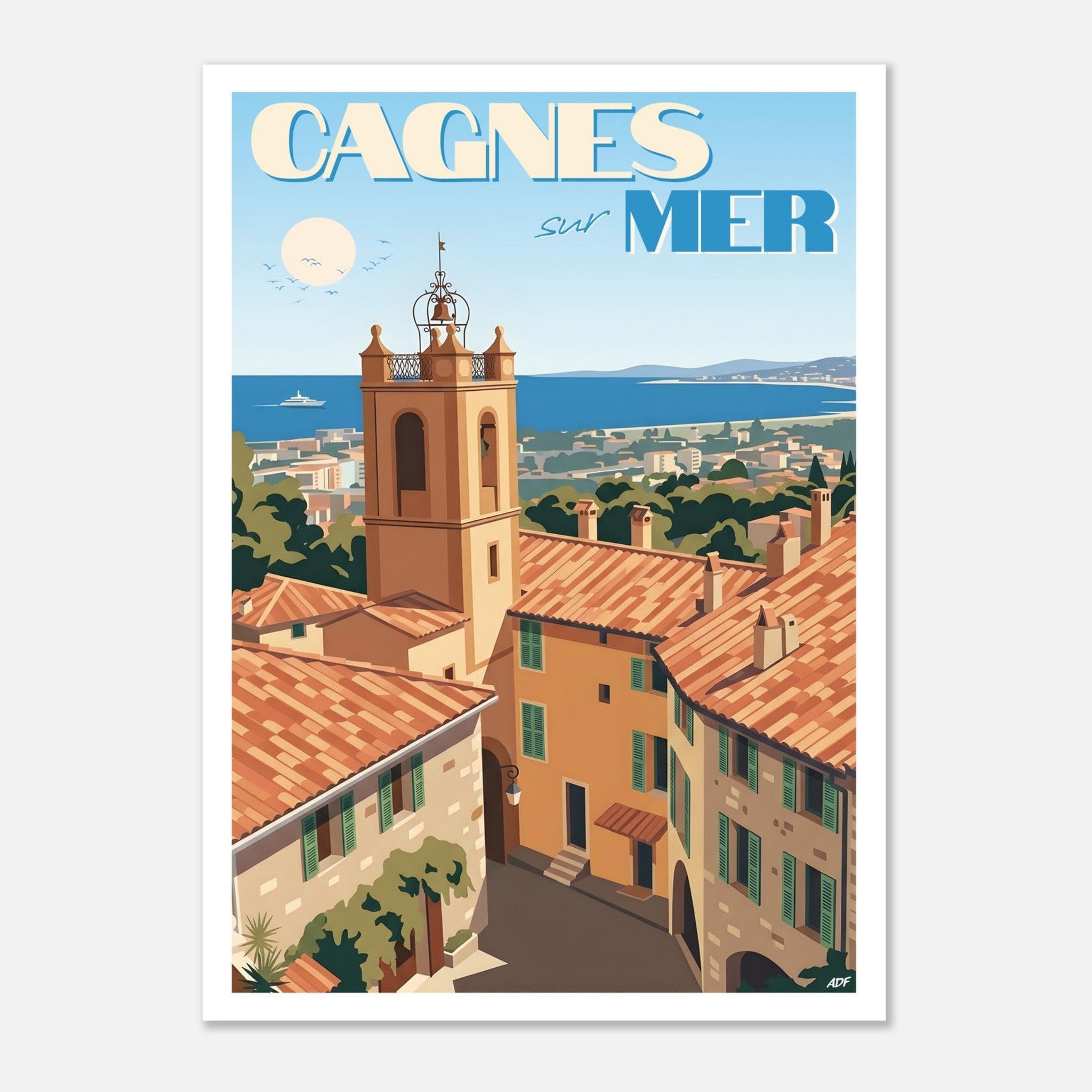 Affiche vintage de Cagnes-sur-Mer illustrant les ruelles médiévales, les toits provençaux et le clocher historique face à la mer