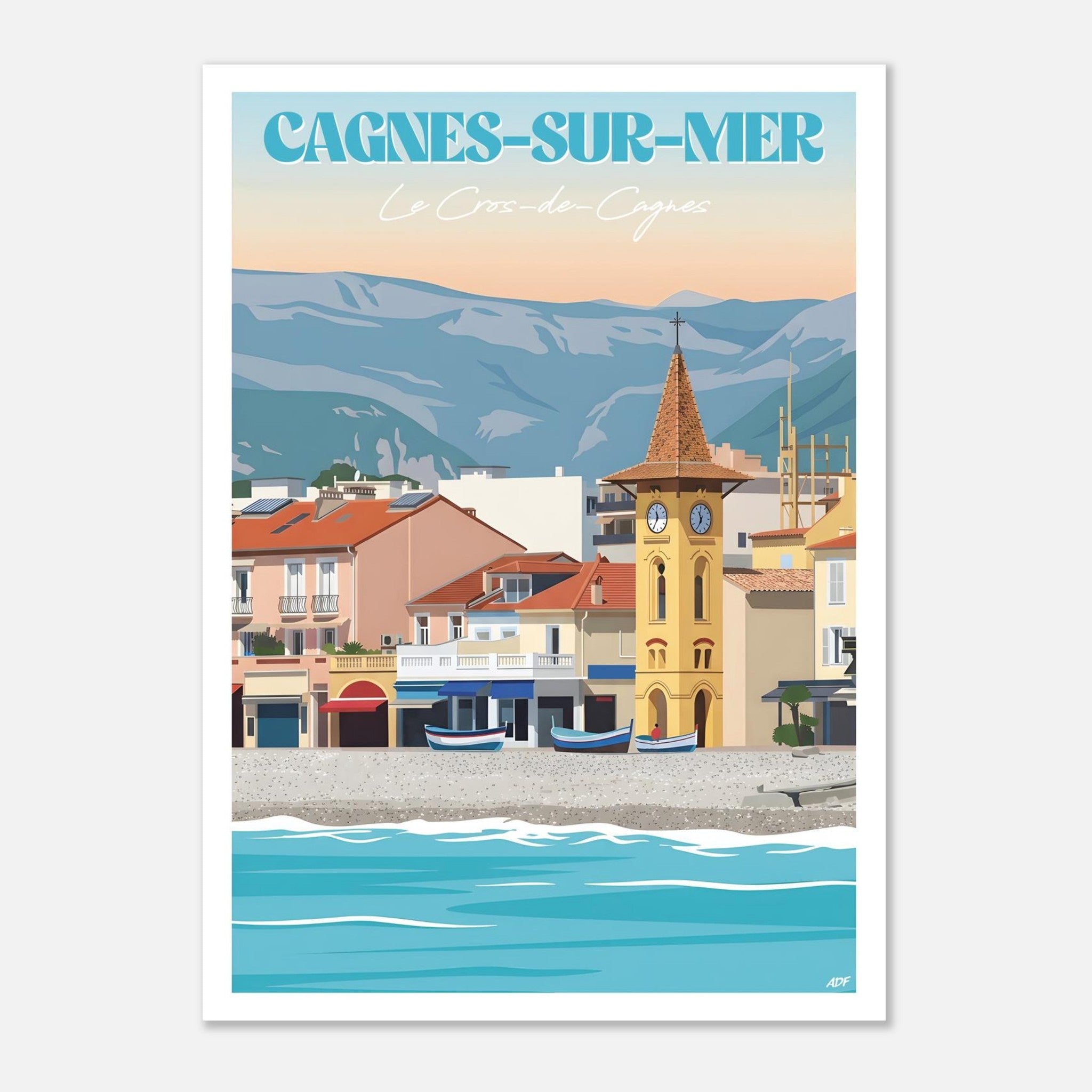 Affiche vintage de Cagnes-sur-Mer illustrant le village de pêcheurs du Cros-de-Cagnes, les barques colorées et le clocher jaune