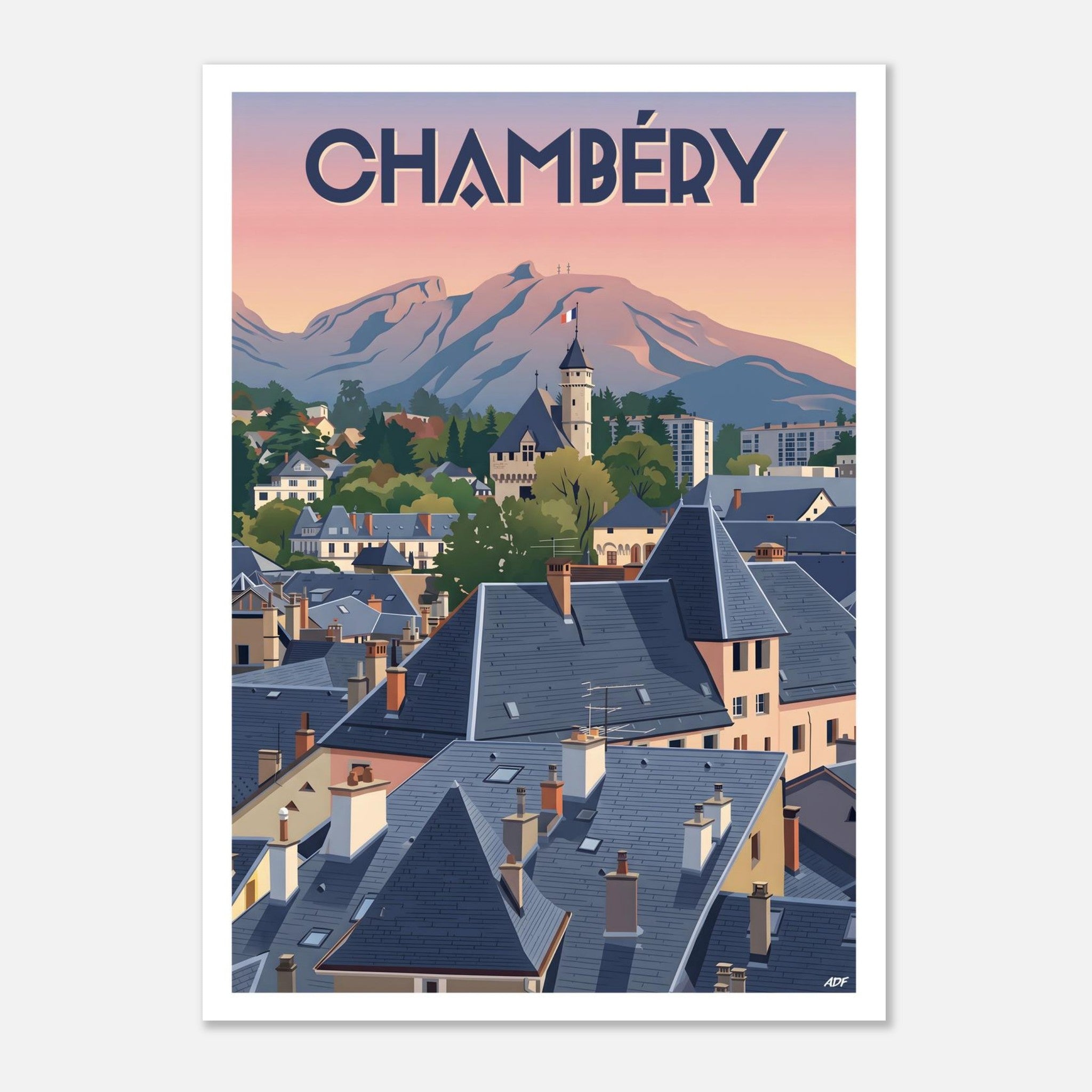 Affiche vintage de Chambéry illustrant les toitures d'ardoise du centre historique, le Château des Ducs de Savoie et les montagnes au crépuscule