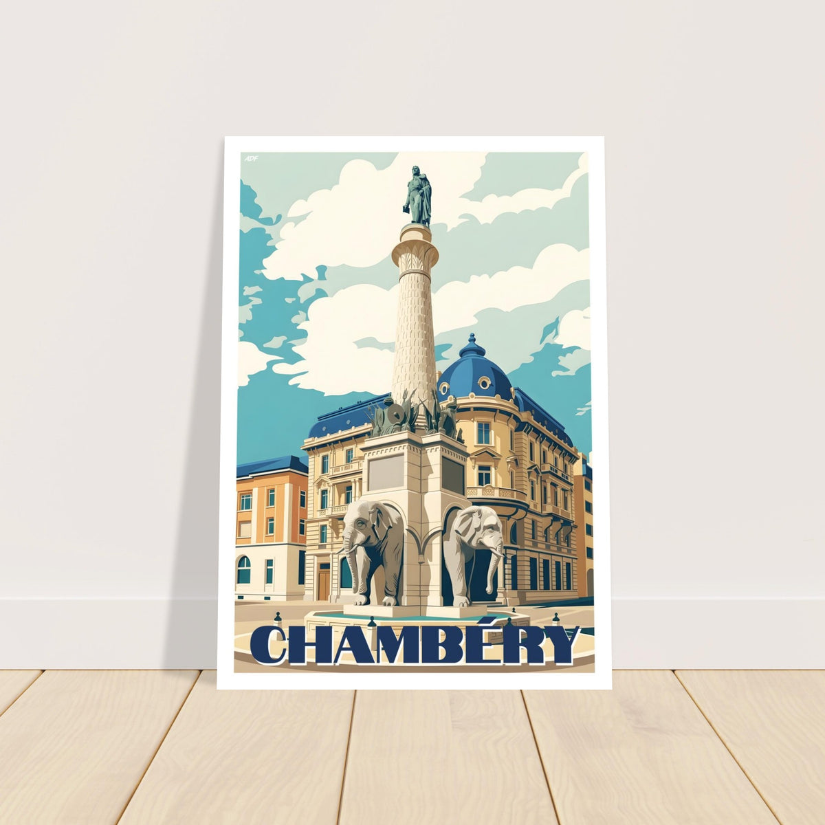 Grand tirage d'art sous cadre du poster de Chambéry posé sur parquet en bois