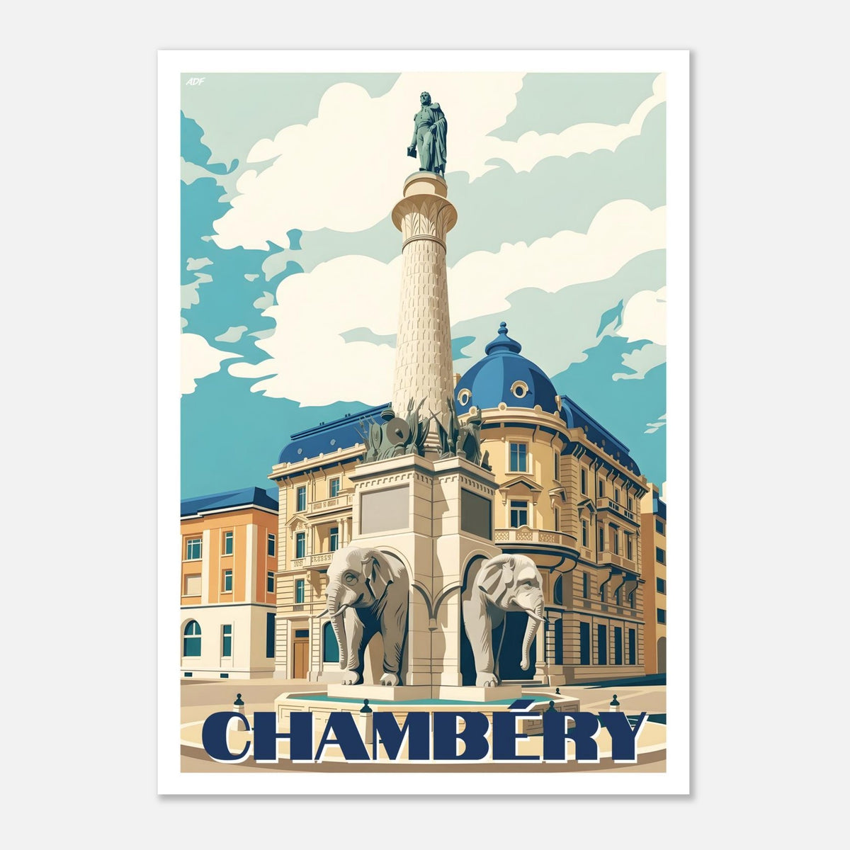 Affiche vintage de Chambéry illustrant la célèbre Fontaine des Éléphants, sa colonne sommitale et les façades de la cité ducale