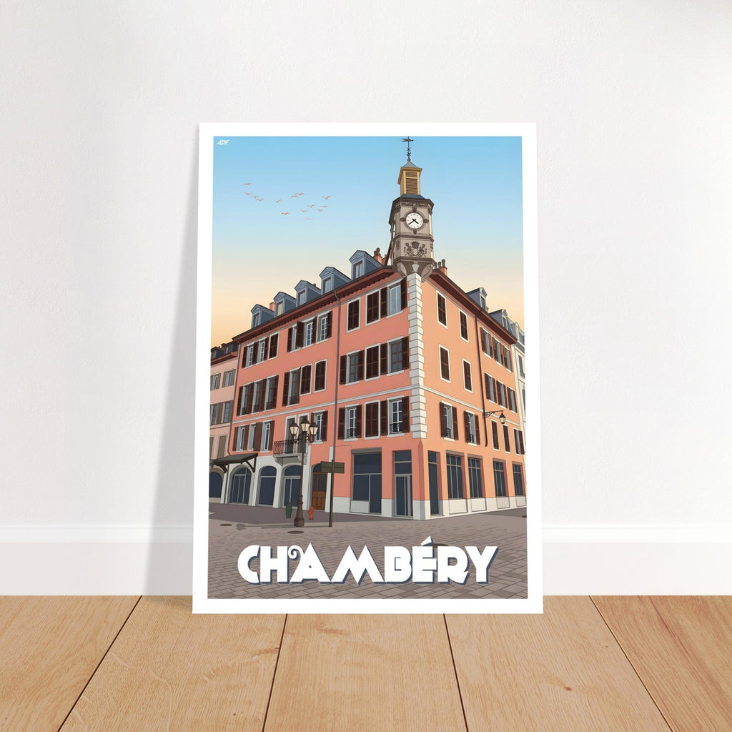 Grand tirage d'art sous cadre du poster de Chambéry posé au sol sur parquet en bois