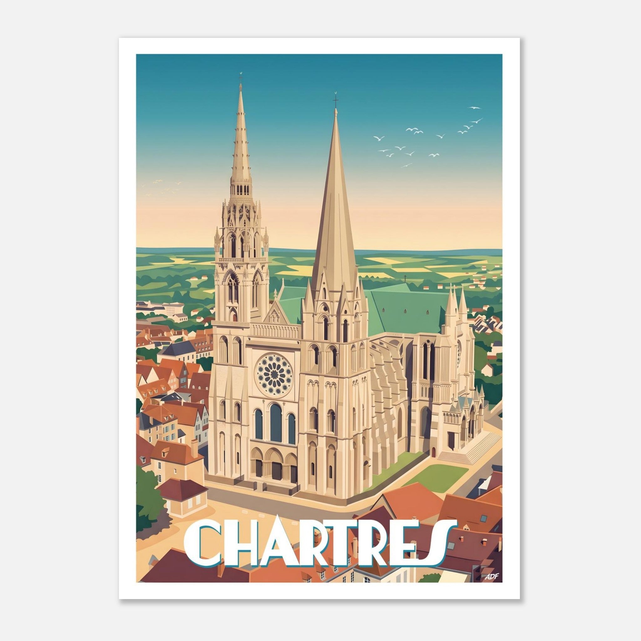 Affiche vintage de Chartres illustrant la cathédrale Notre-Dame et ses flèches gothiques