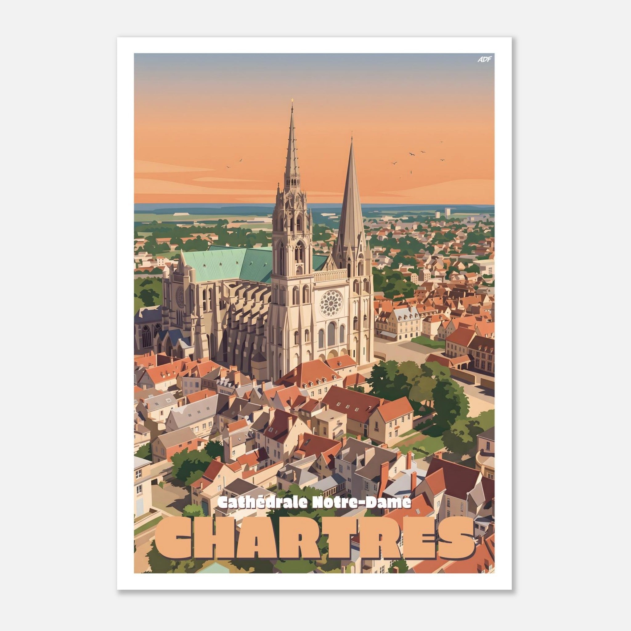 Affiche vintage de Chartres avec vue aérienne au coucher du soleil sur la cathédrale Notre-Dame