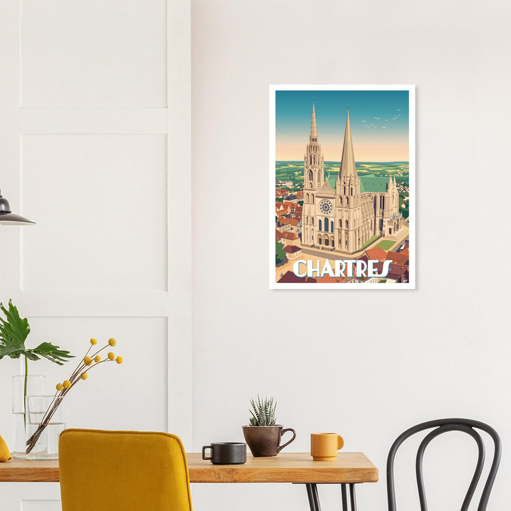 Affiche encadrée de Chartres fixée au mur d'une salle à manger moderne et lumineuse