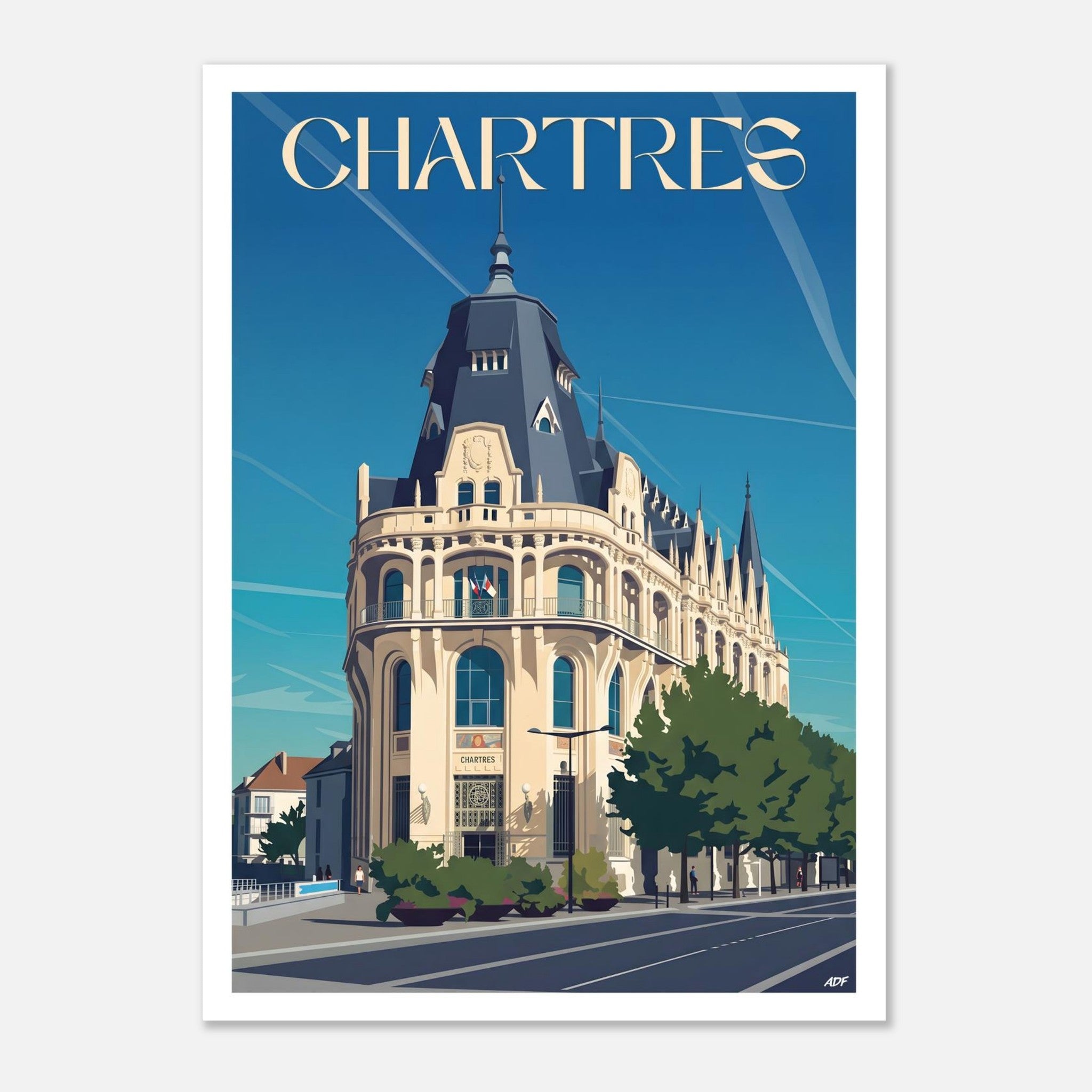 Affiche vintage de Chartres illustrant l'ancien Hôtel des Postes et sa façade néo-gothique