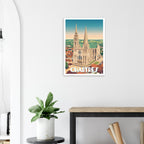 Poster de voyage de Chartres sous cadre posé sur une console en bois clair