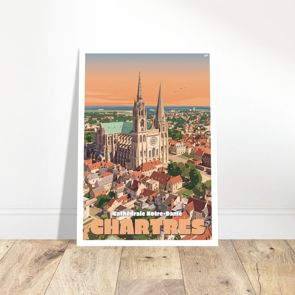 Grand tirage d'art encadré de la cathédrale de Chartres posé sur du parquet clair
