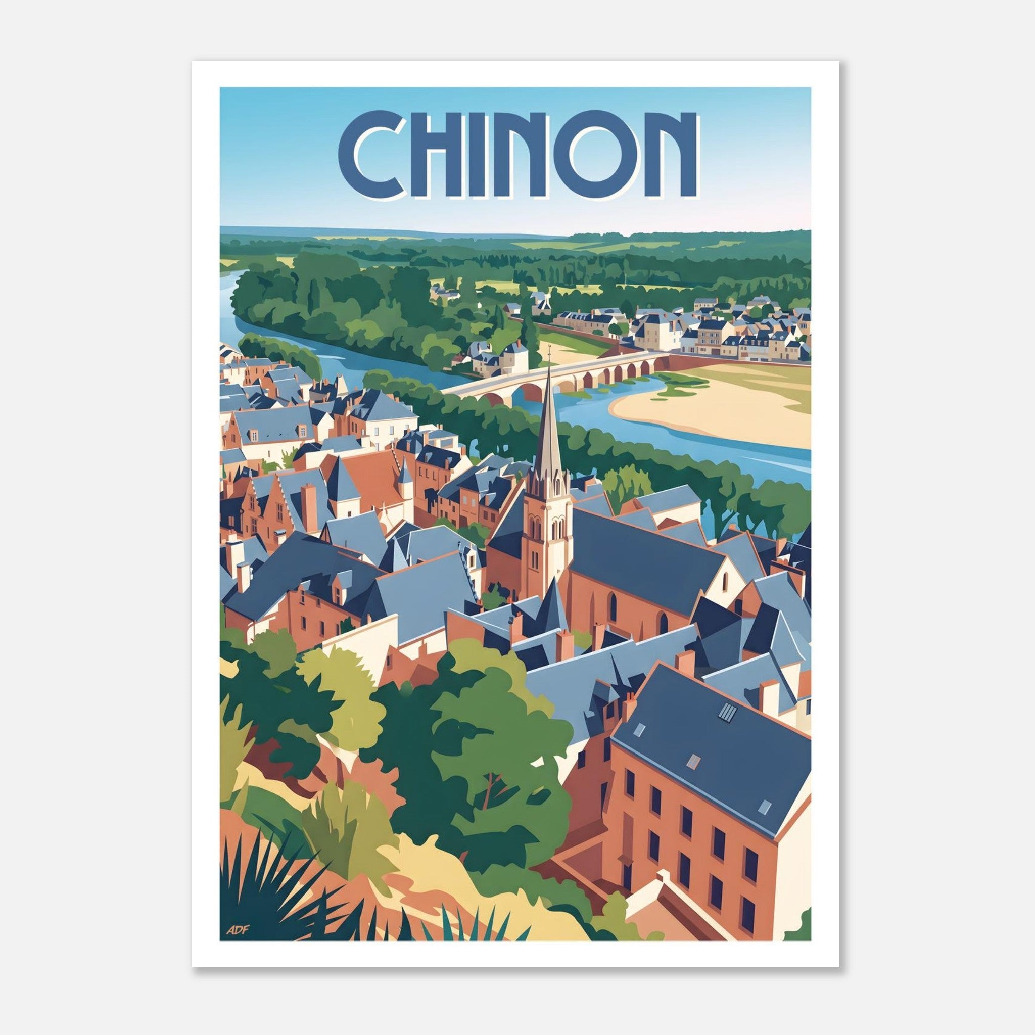 Affiche vintage de Chinon avec vue panoramique sur les toits historiques et la Vienne