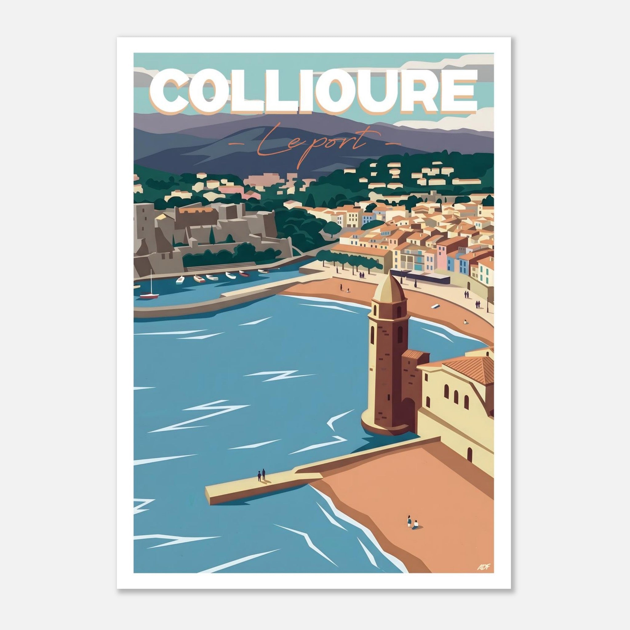 Affiche vintage de Collioure illustrant le clocher emblématique, la jetée du port et le château royal