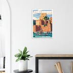 Poster de voyage de Collioure sous cadre posé sur une console en bois clair