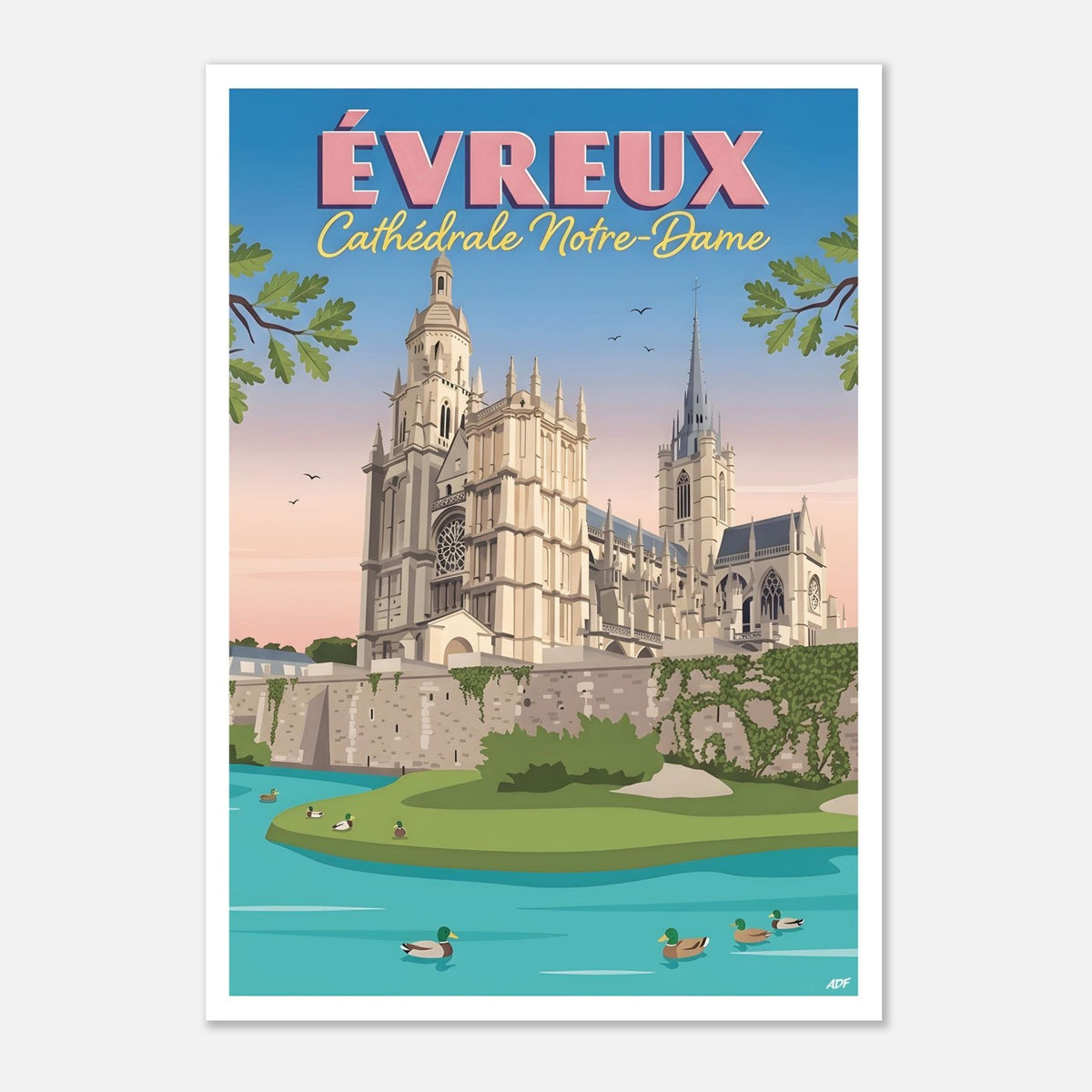 Affiche d'art de la cathédrale d'Évreux dans un cadre noir fin suspendue au mur d'une pièce avec parquet