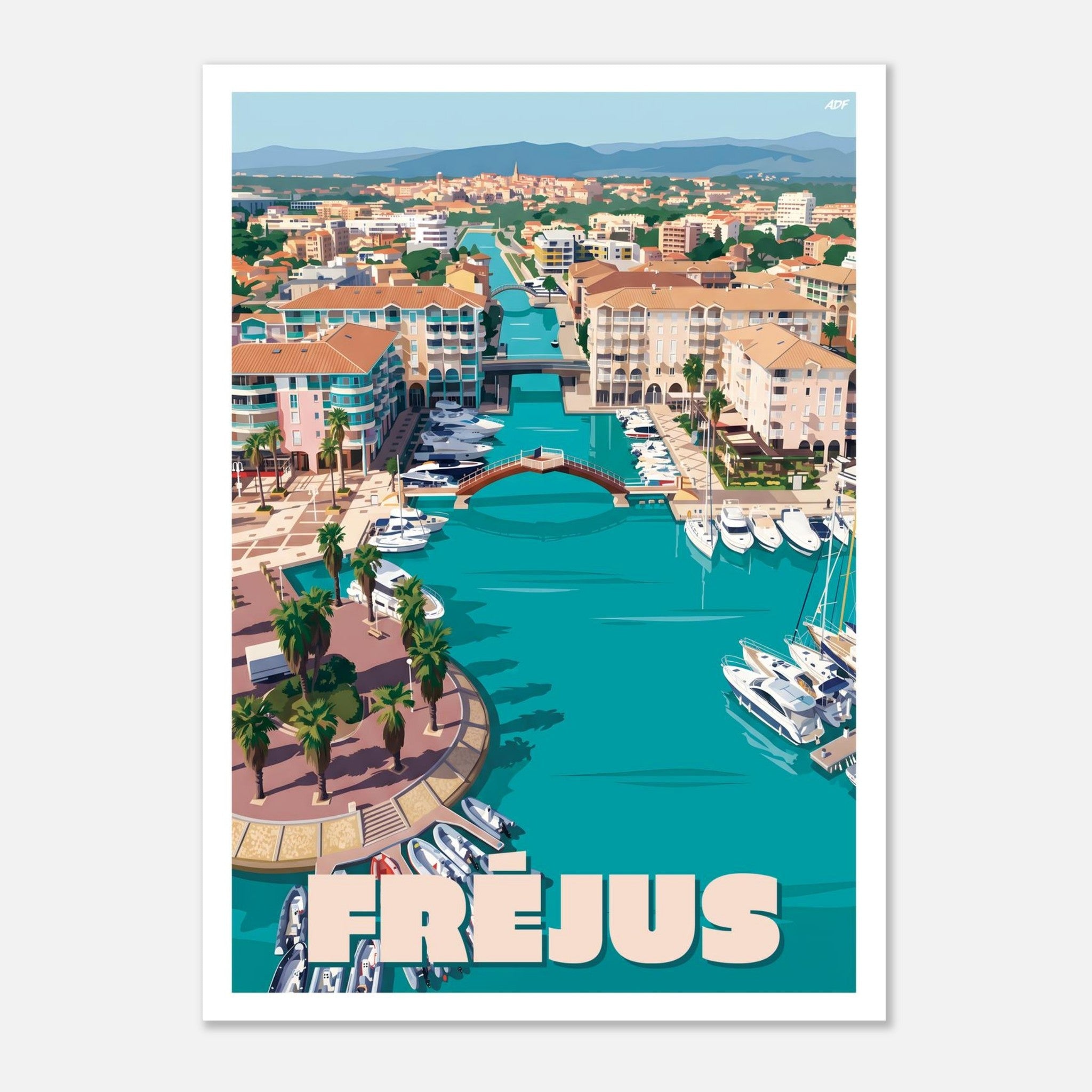 Affiche vintage de Fréjus illustrant la perspective des canaux et bassins de Port-Fréjus bordés de palmiers