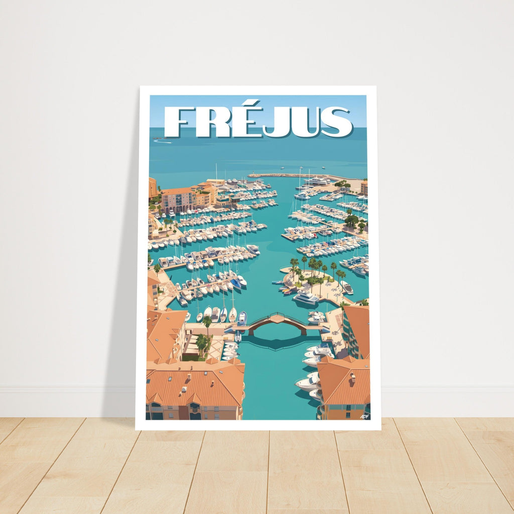 Grand tirage d'art sous cadre du poster de Port-Fréjus posé sur du parquet en bois