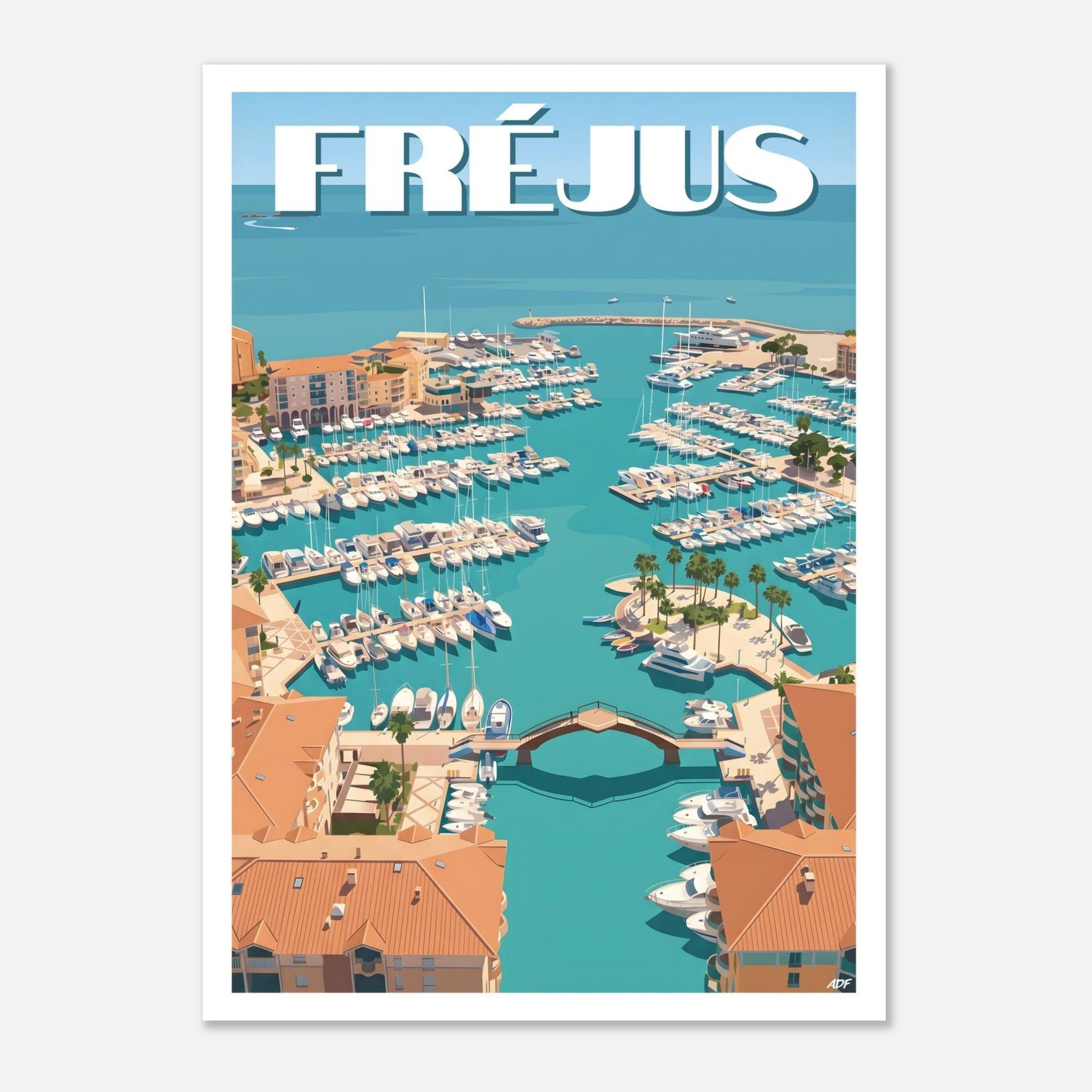 Affiche vintage de Fréjus avec vue plongeante sur Port-Fréjus, les quais et les bateaux aux eaux turquoise