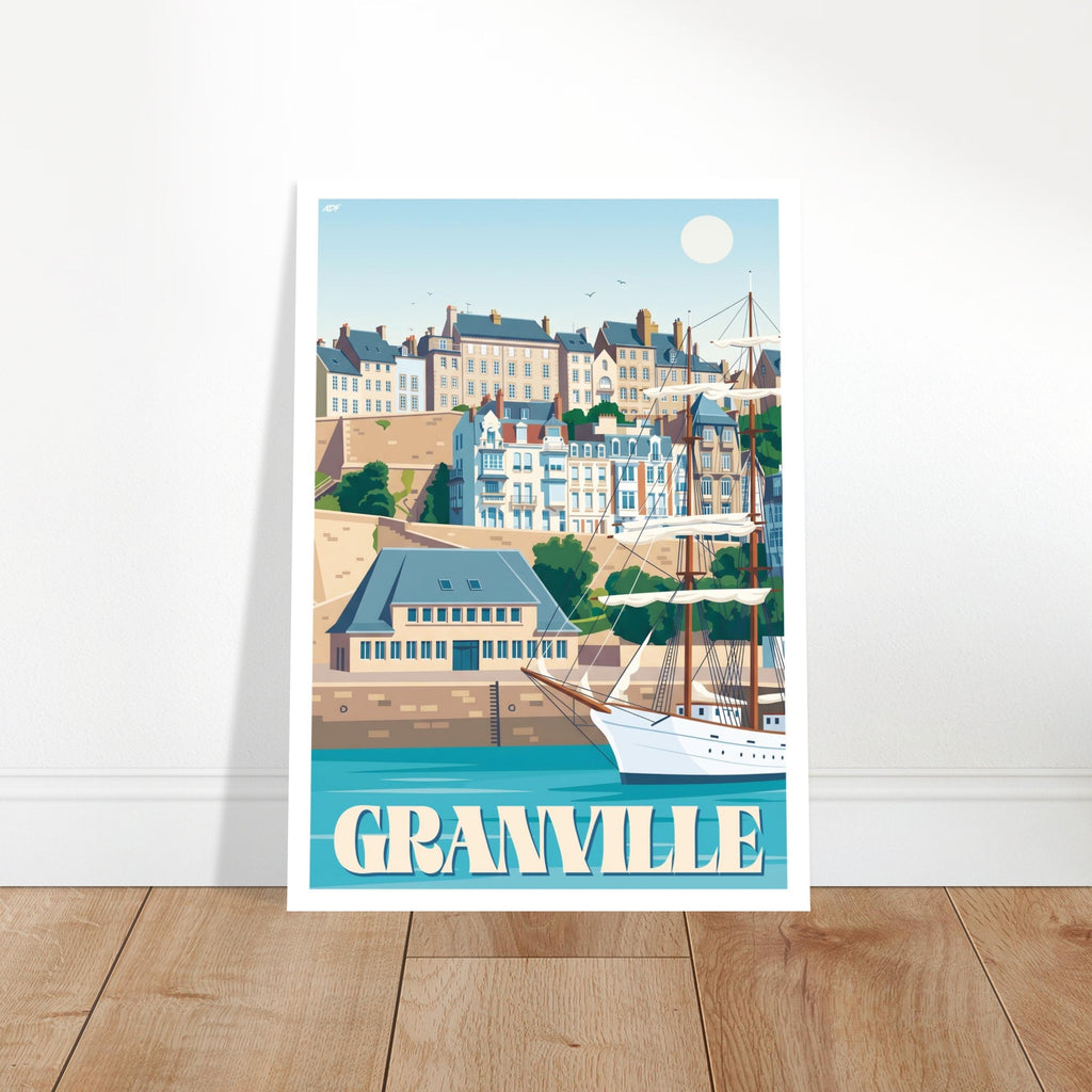 Cadre mural avec le poster de Granville posé sur parquet en chêne