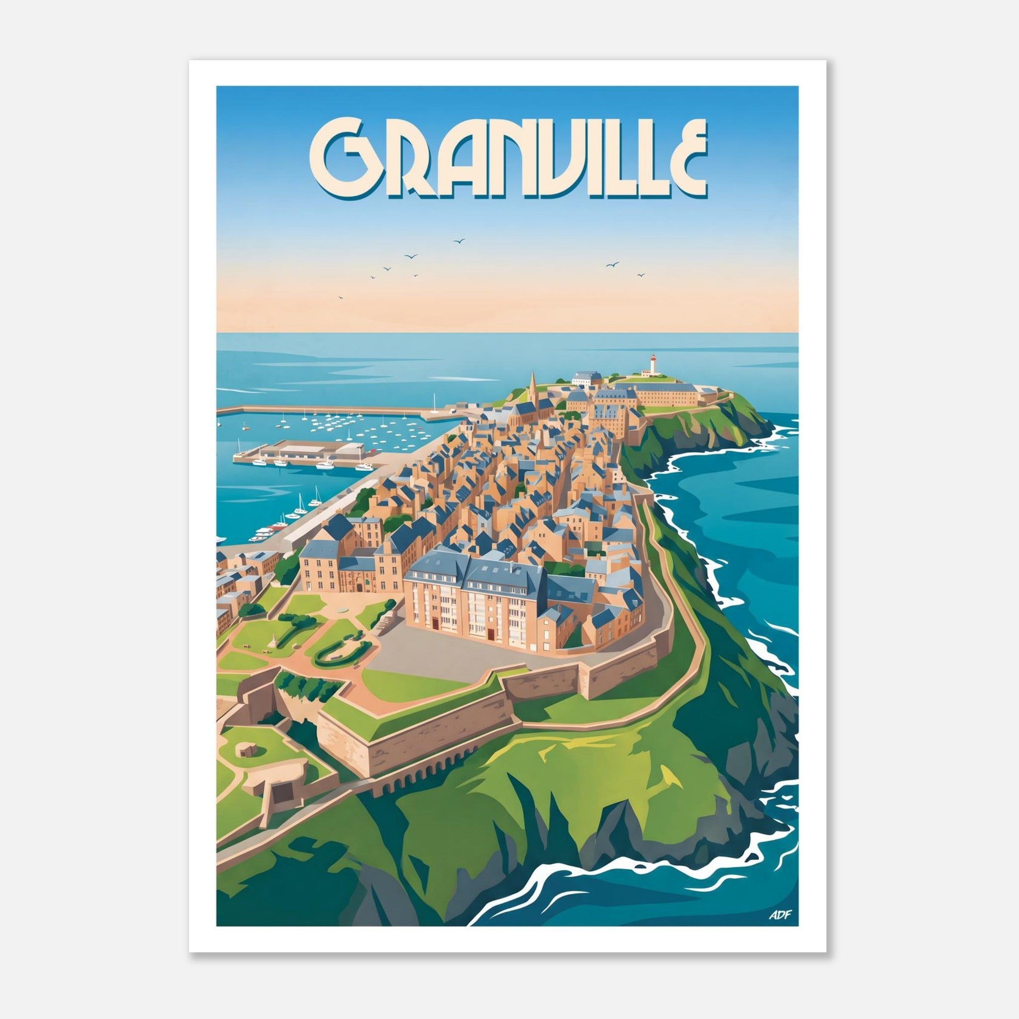 Affiche vintage de Granville montrant la Haute-Ville fortifiée et le promontoire rocheux