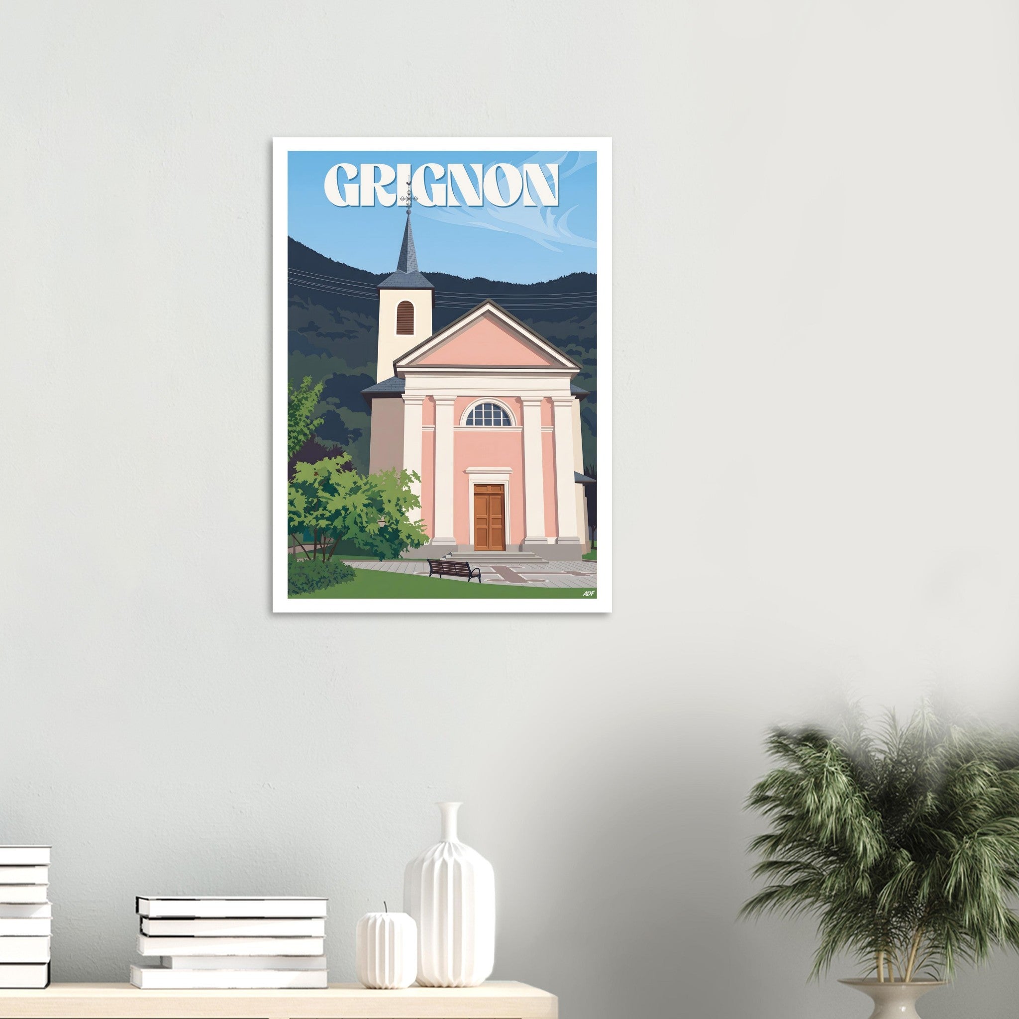 Affiche encadrée de Grignon fixée au mur dans un intérieur épuré et lumineux