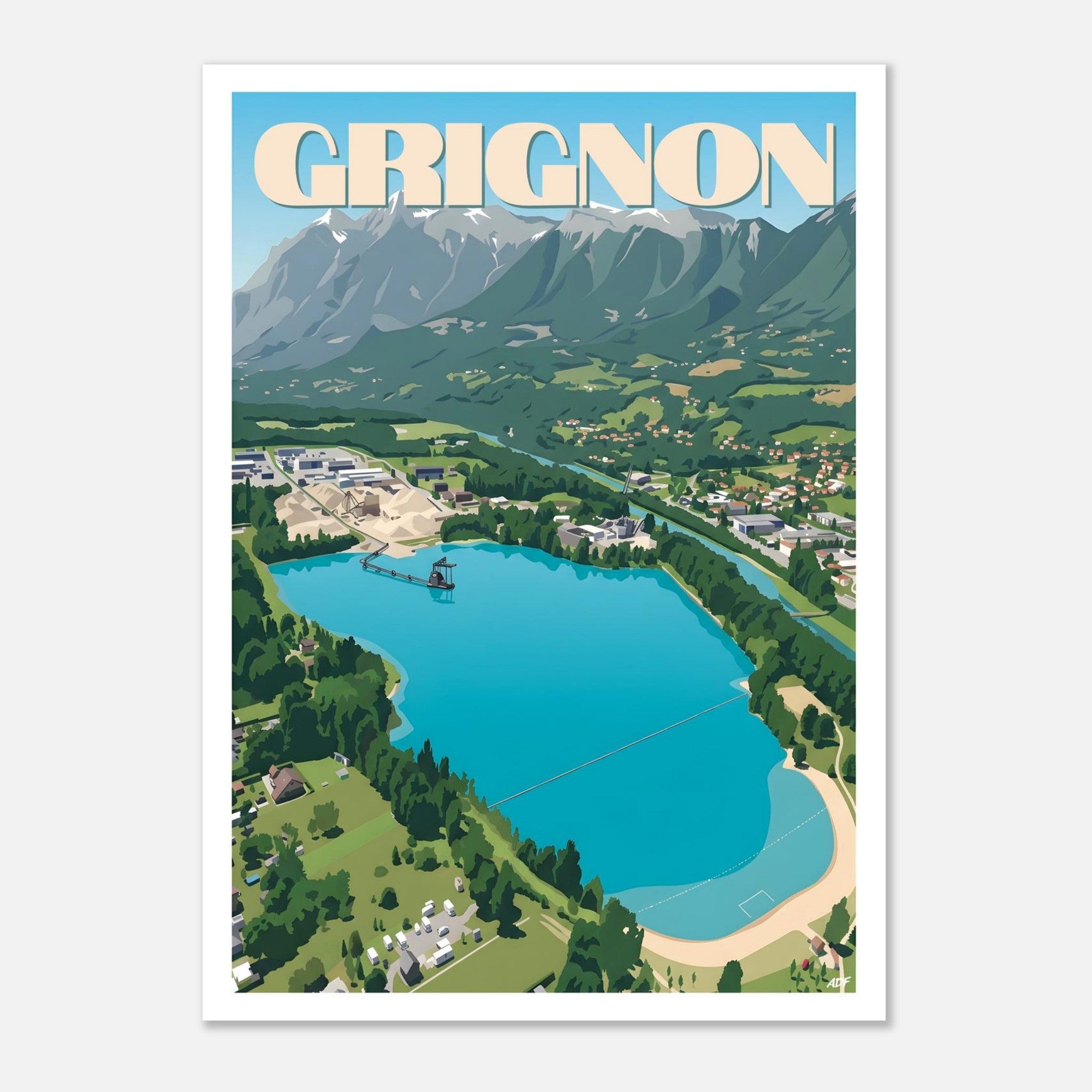 Affiche vintage de Grignon avec vue aérienne sur le plan d'eau turquoise et le massif alpin