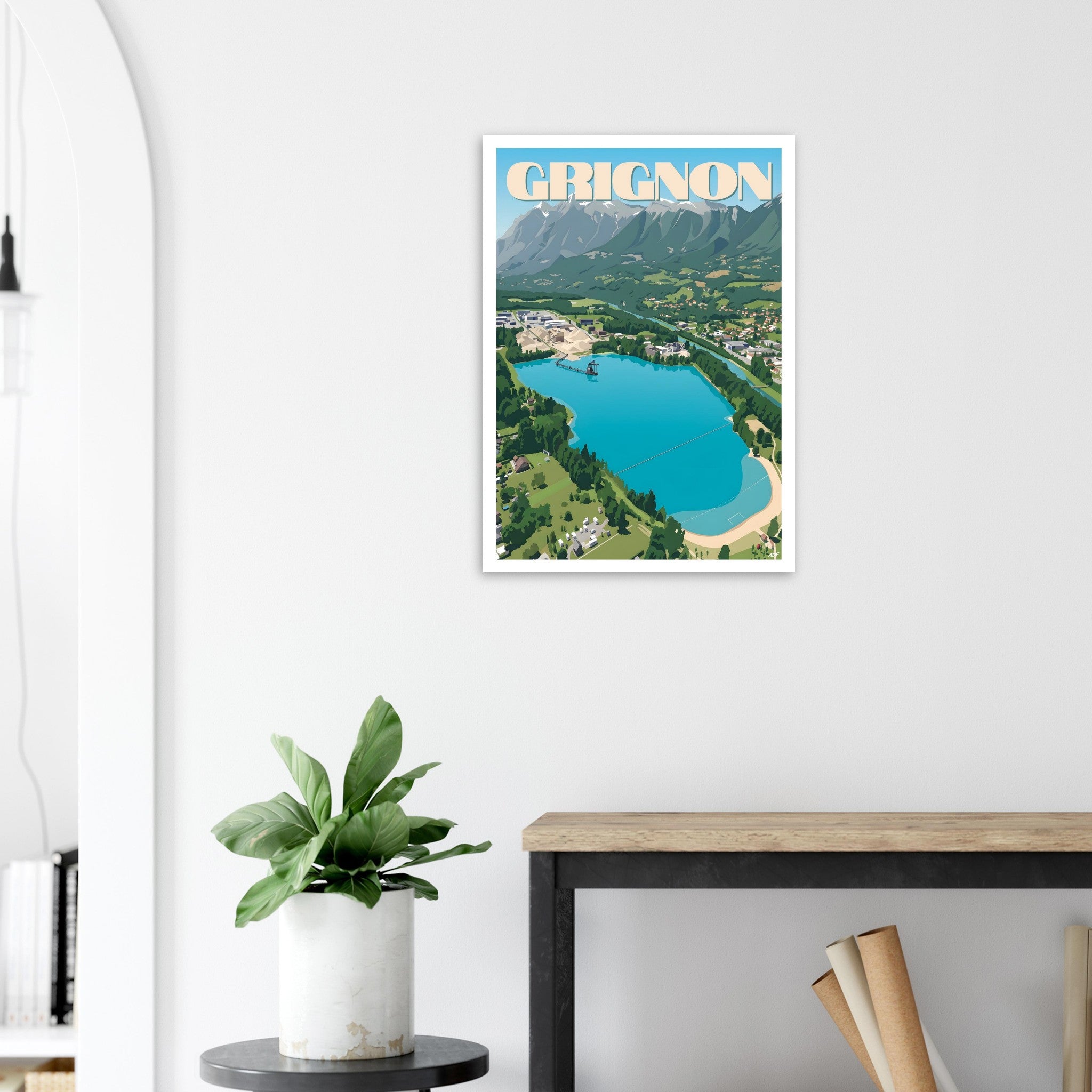 Poster de voyage de Grignon sous cadre posé sur une console moderne en bois