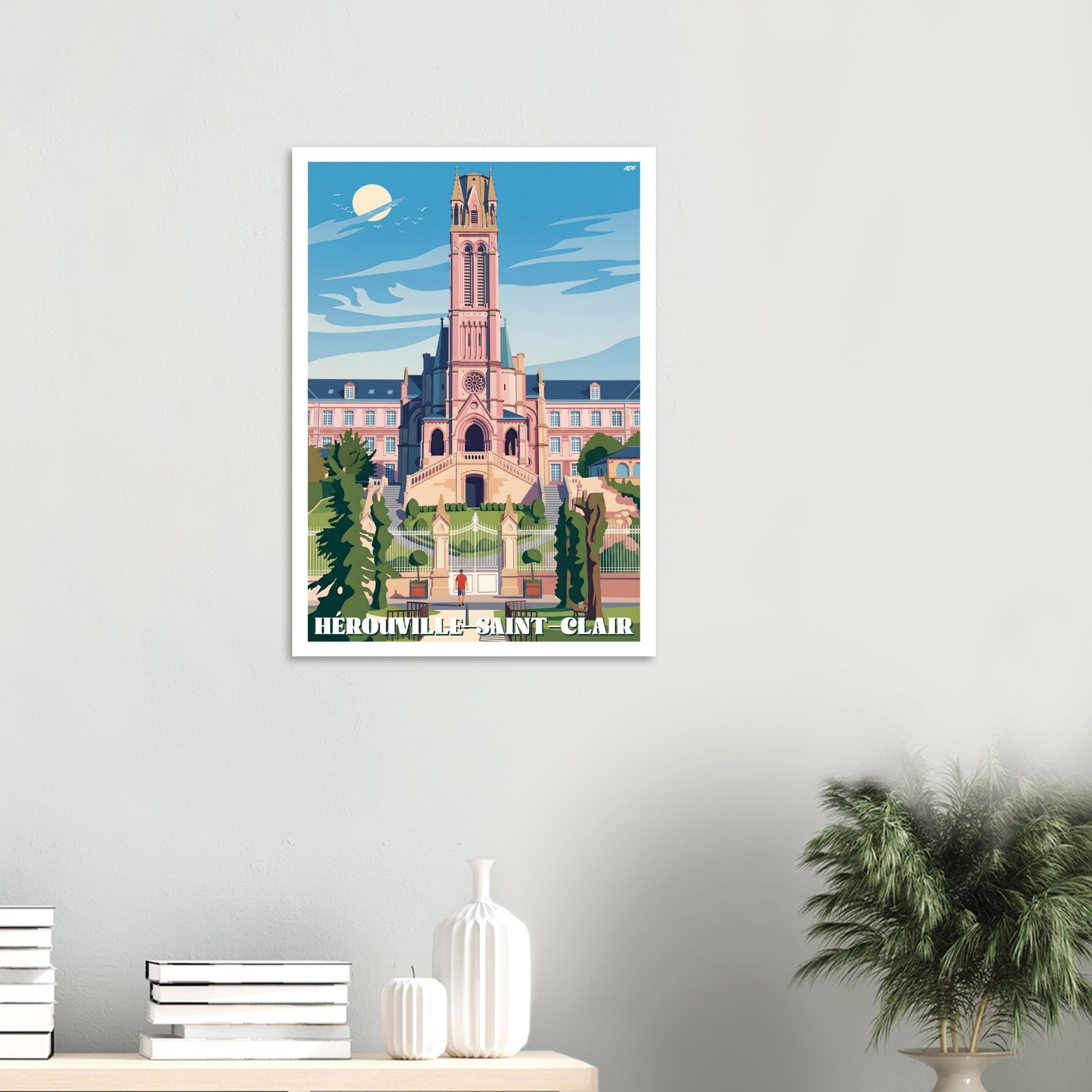 Affiche encadrée d'Hérouville-Saint-Clair fixée au mur dans un intérieur moderne et lumineux