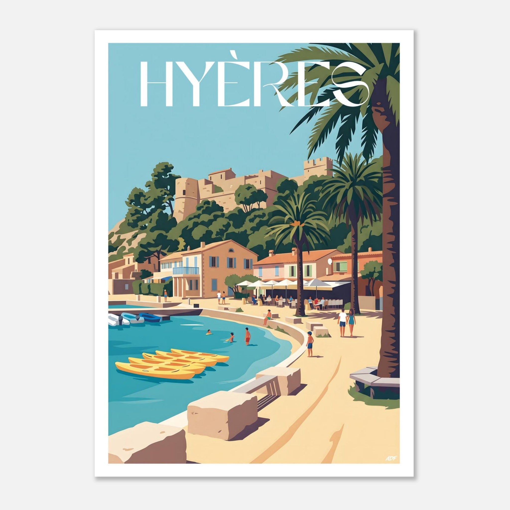 Affiche rétro de Hyères illustrant la crique turquoise avec palmiers et kayaks