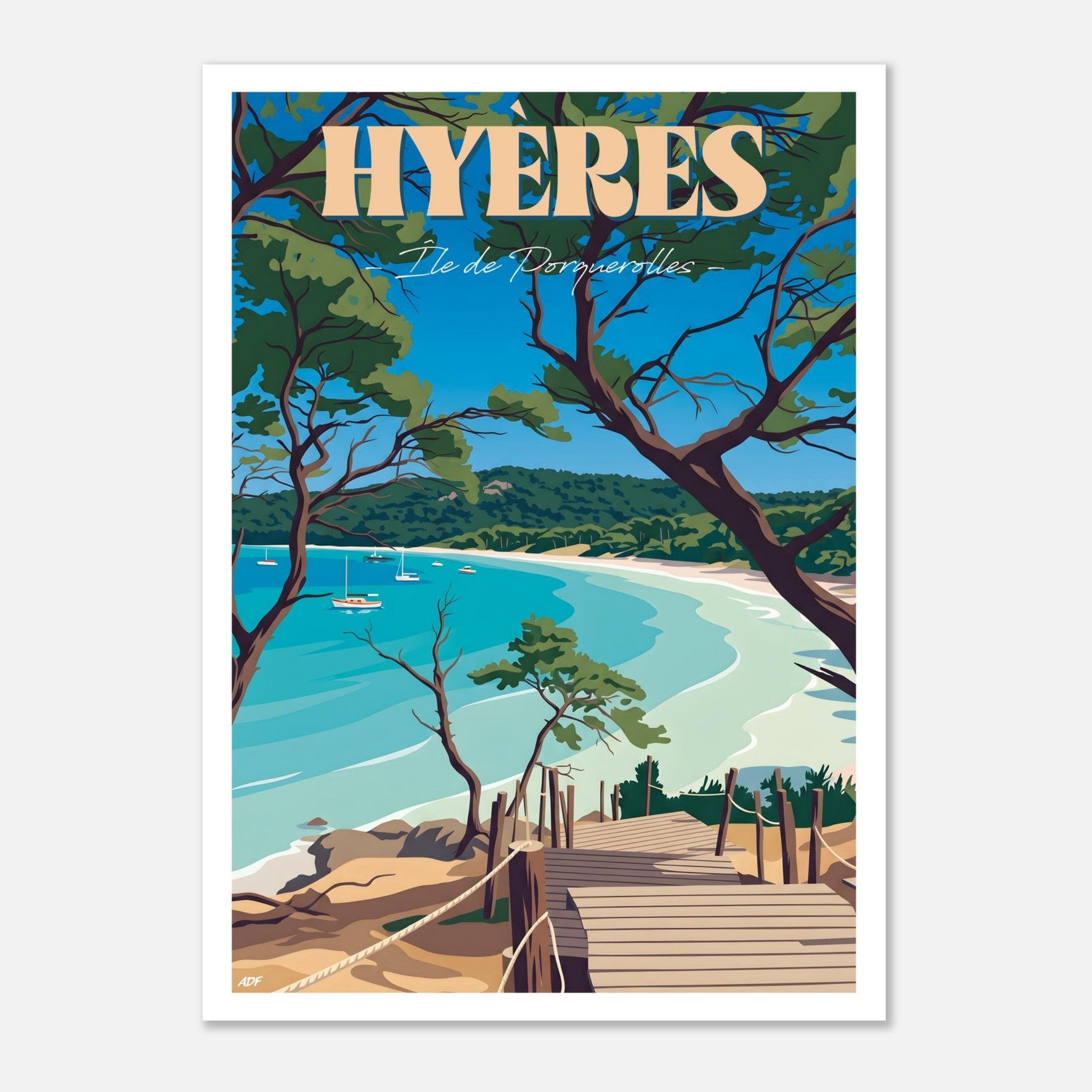 Affiche vintage de l'île de Porquerolles à Hyères avec pins maritimes et mer turquoise