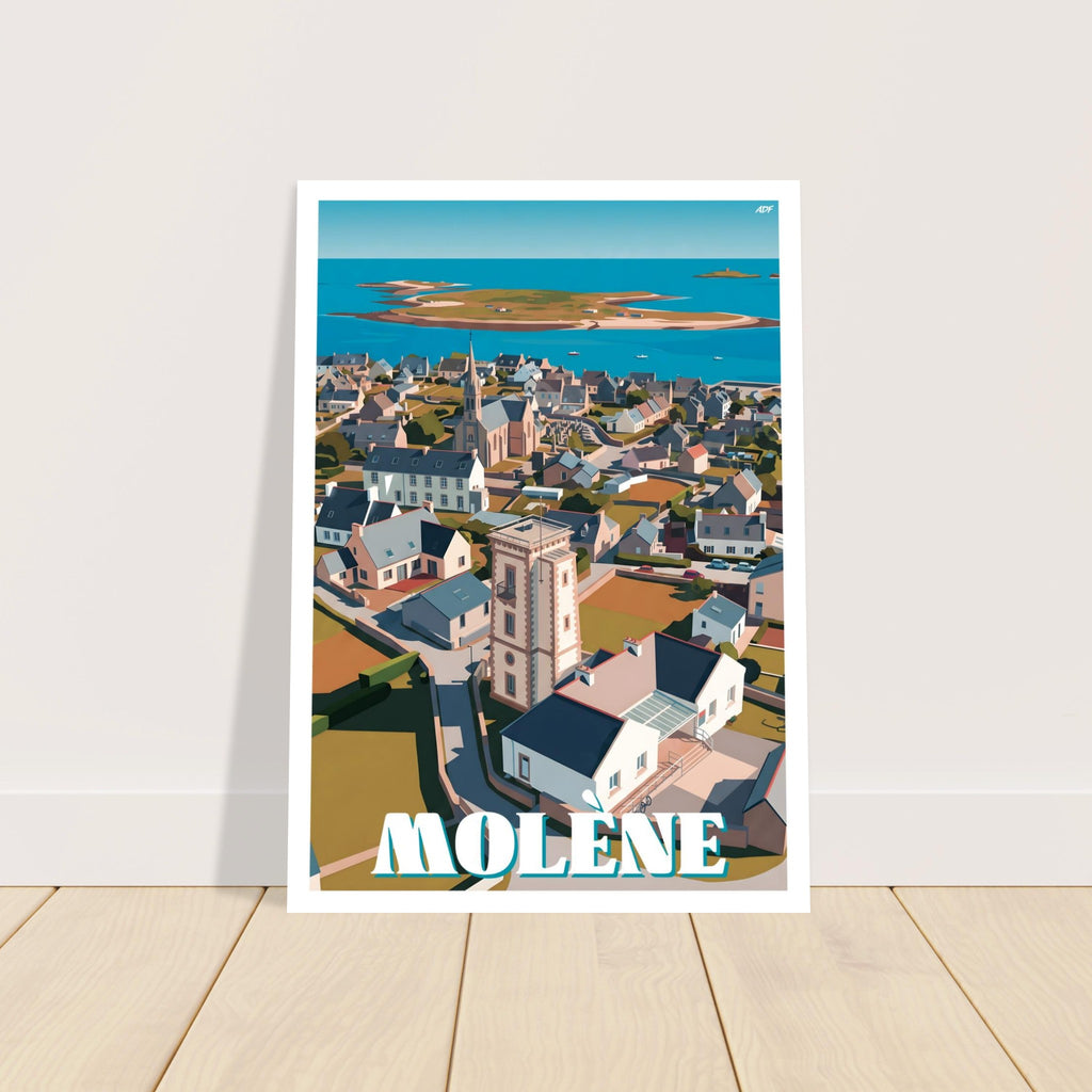 Grand tirage d'art sous cadre du poster de Molène posé au sol sur parquet en bois