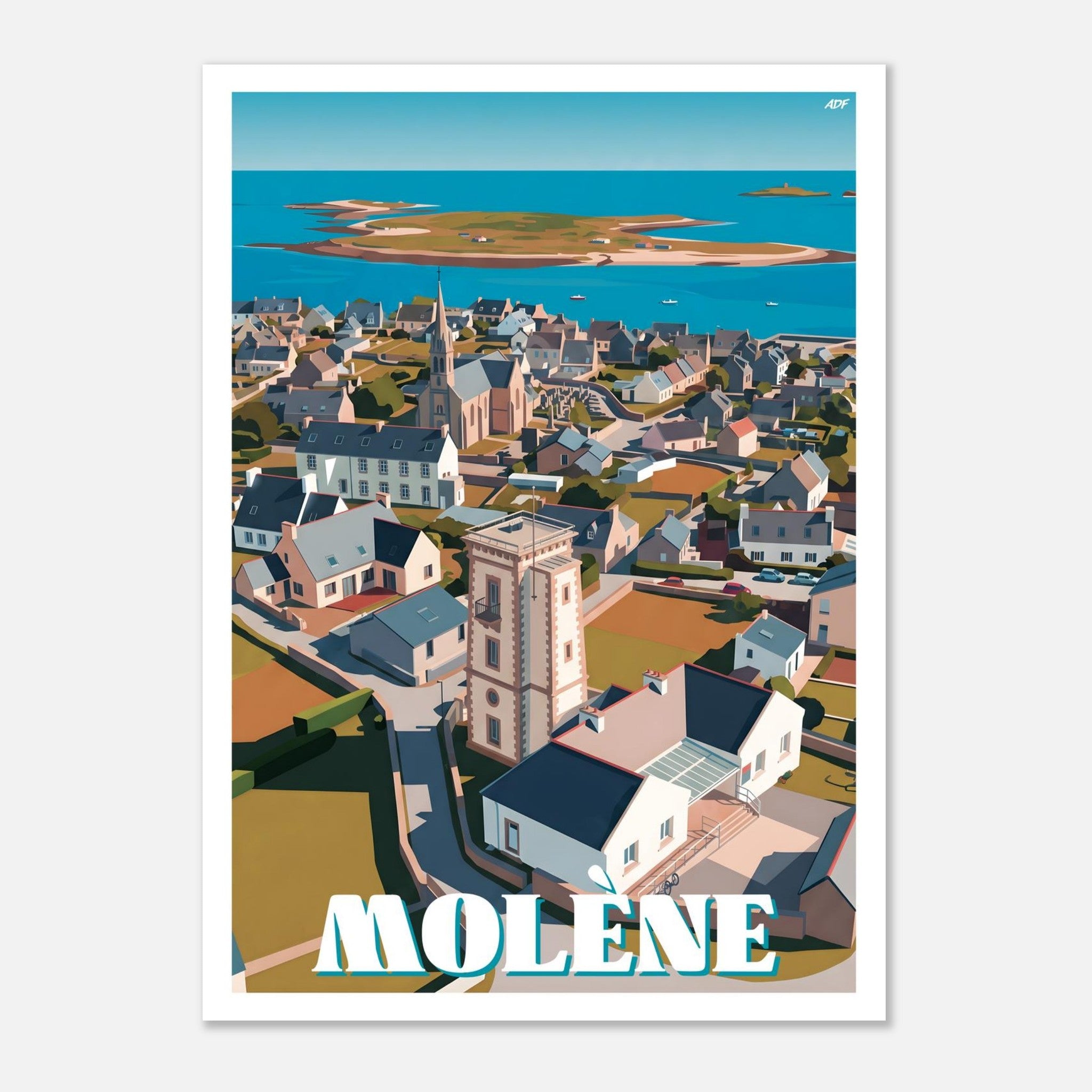 Affiche vintage de l'île-Molène avec vue plongeante sur le village insulaire, l'église Saint-Ronan et la mer d'Iroise