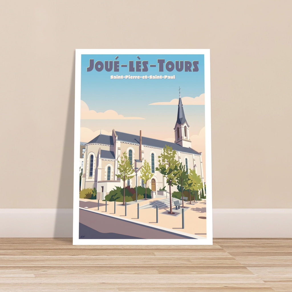 Grand tirage d'art sous cadre du poster de Joué-lès-Tours posé au sol sur parquet