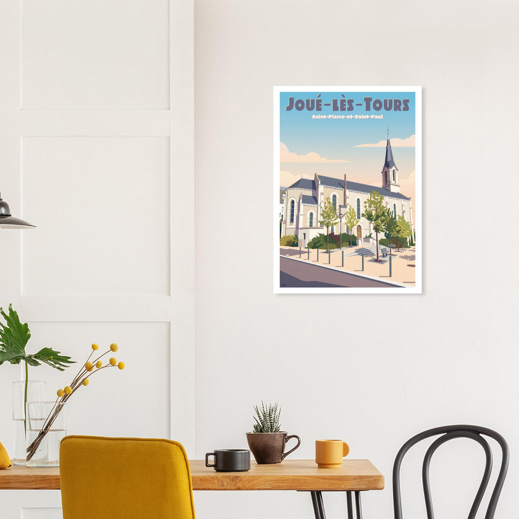 Affiche encadrée de Joué-lès-Tours fixée au mur d'une salle à manger lumineuse