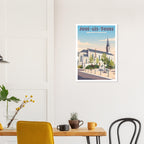 Affiche encadrée de Joué-lès-Tours fixée au mur d'une salle à manger lumineuse