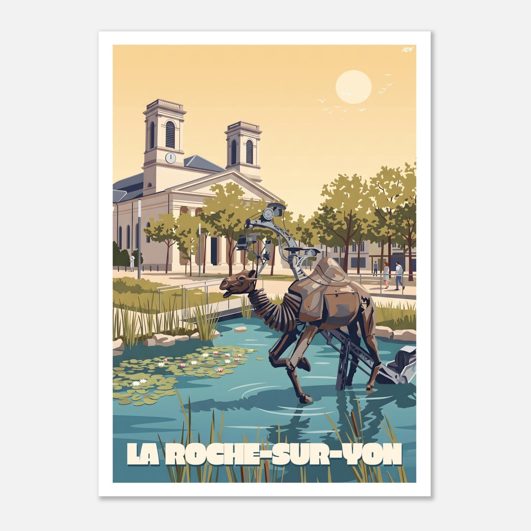 Affiche vintage de La Roche-sur-Yon illustrant le dromadaire mécanique des Animaux de la Place dans son bassin sur la place Napoléon