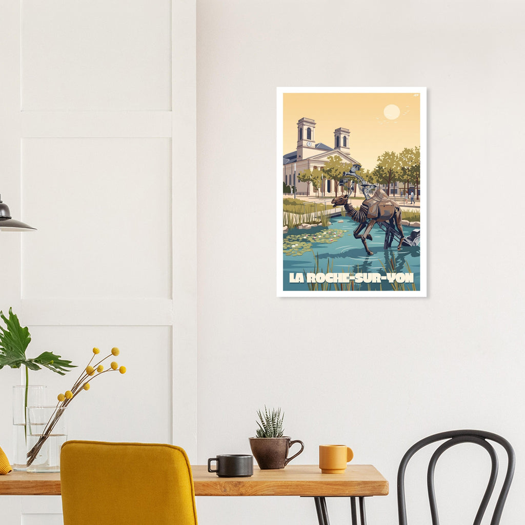 Affiche encadrée de La Roche-sur-Yon fixée au mur d'une salle à manger moderne