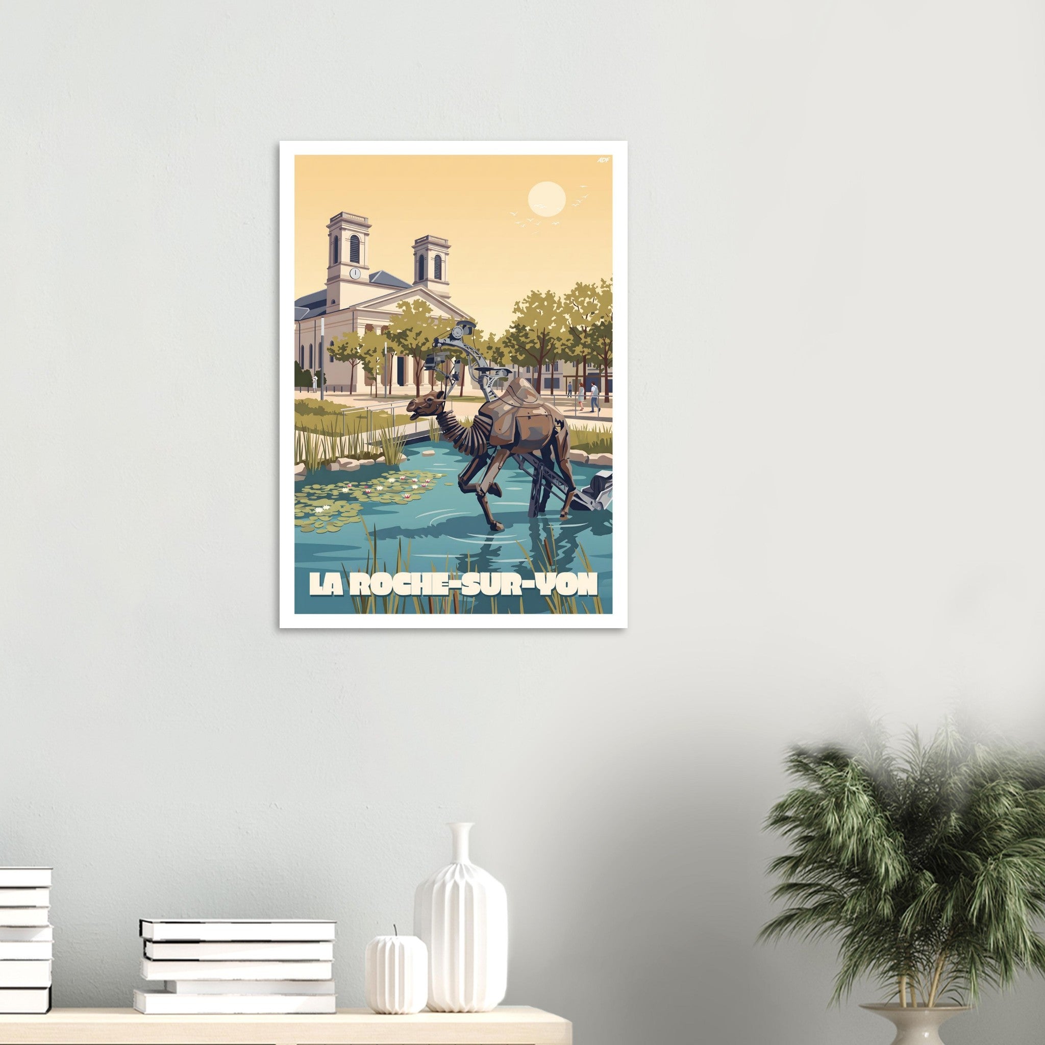 Affiche encadrée des Animaux de la Place de La Roche-sur-Yon dans un intérieur épuré et lumineux