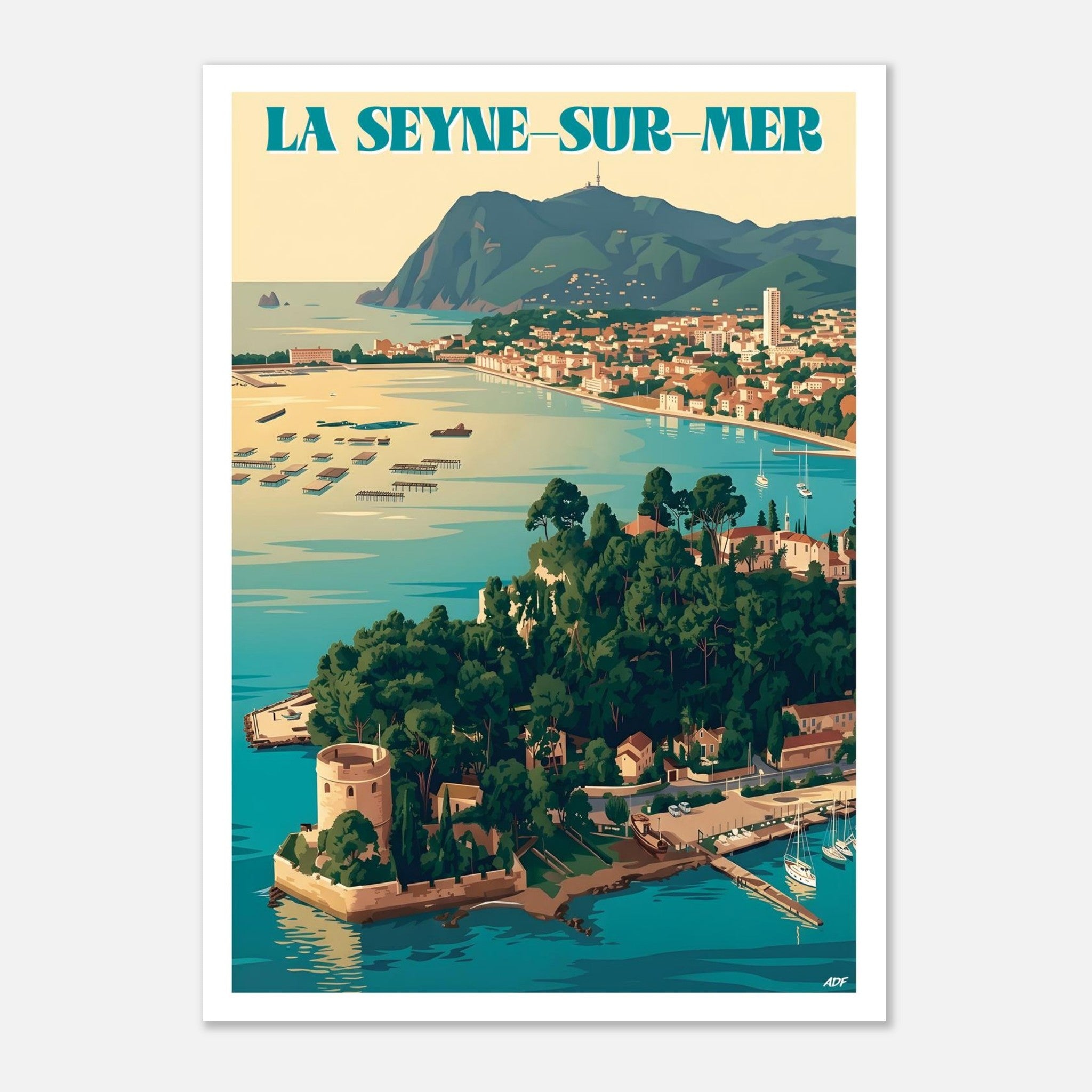 Affiche vintage de La Seyne-sur-Mer illustrant le Fort Balaguier, la végétation méditerranéenne et la baie de Toulon
