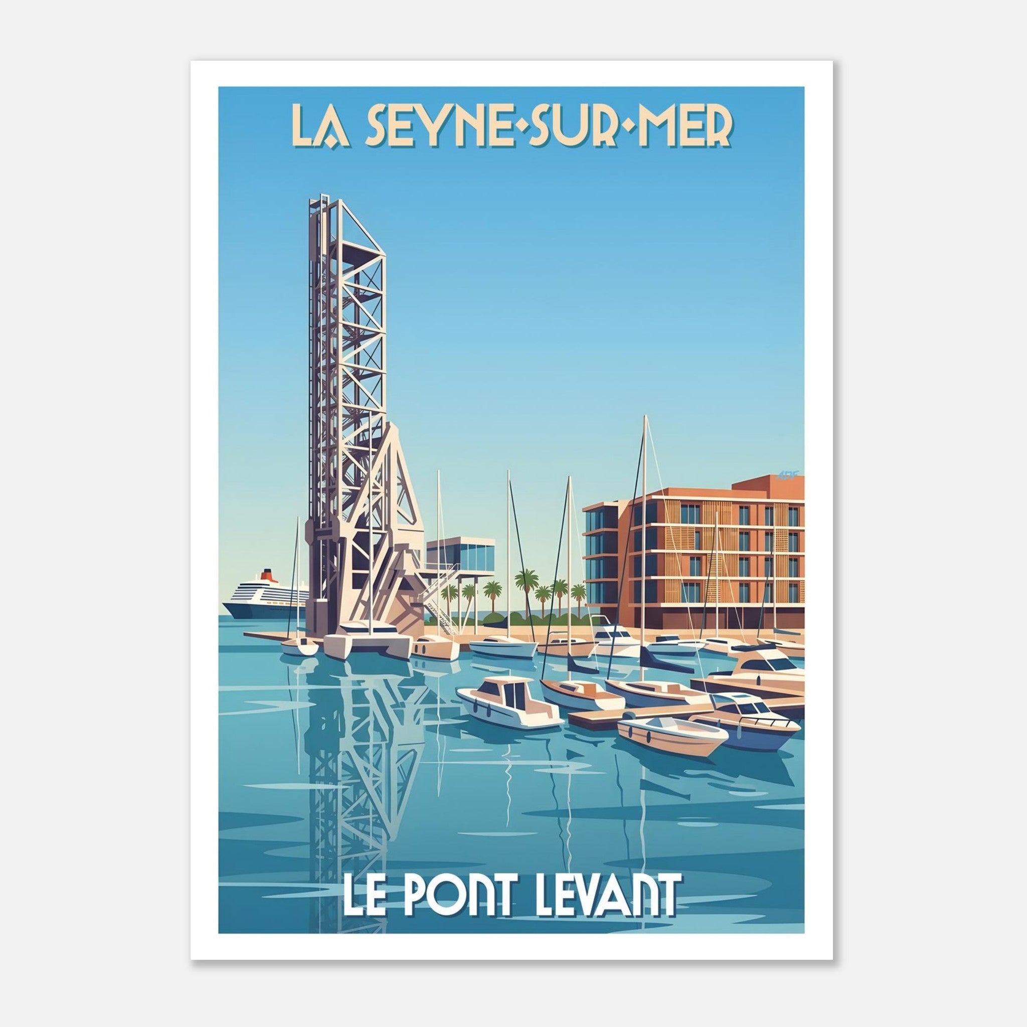 Affiche vintage de La Seyne-sur-Mer illustrant l'emblématique pont levant métallique, le port et les voiliers