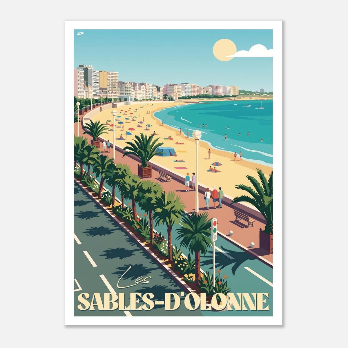 Affiche vintage des Sables-d'Olonne illustrant la promenade du Remblai, les parasols colorés et la grande plage vue cavalière